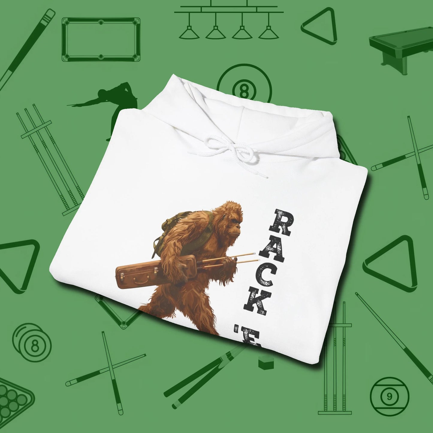 Bigfoot Rack 'em Hoodie, folded view, in White because pool isn’t just a game — it’s who you are