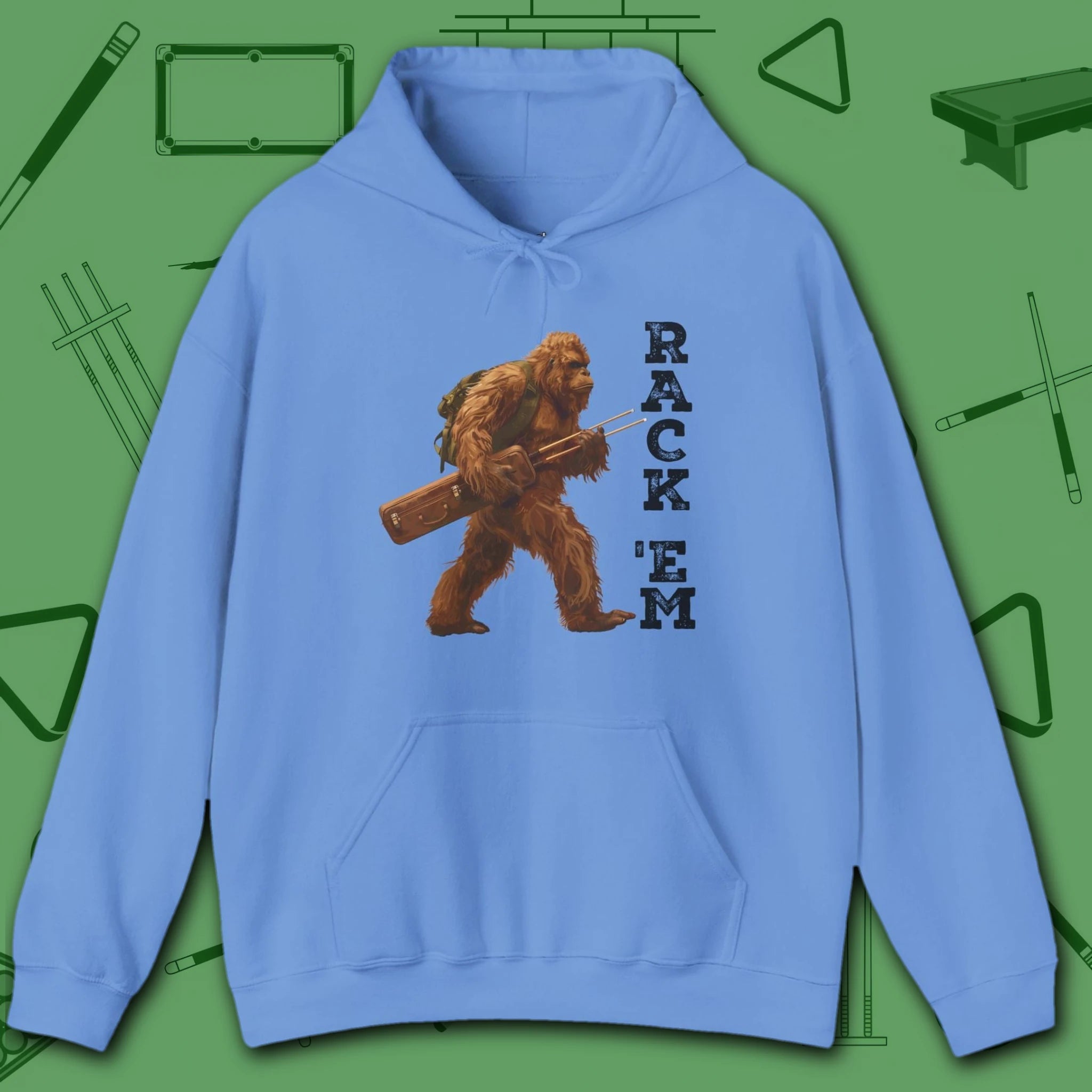 Bigfoot Rack 'em Pool Hoodie, in Black color, billiards hoodie, front view
