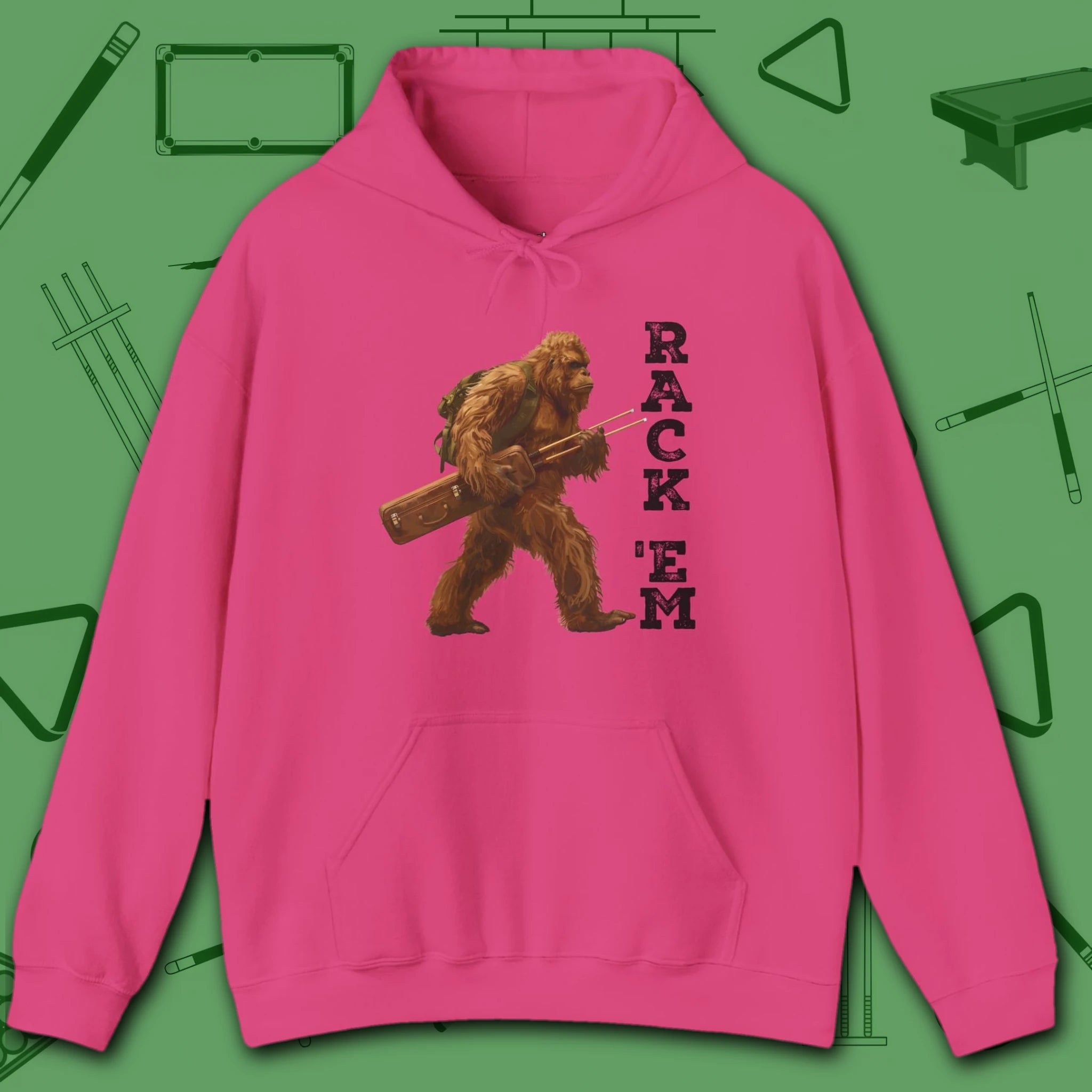 Bigfoot Rack 'em Pool Hoodie, in Carolina Blue color, billiards hoodie, front view