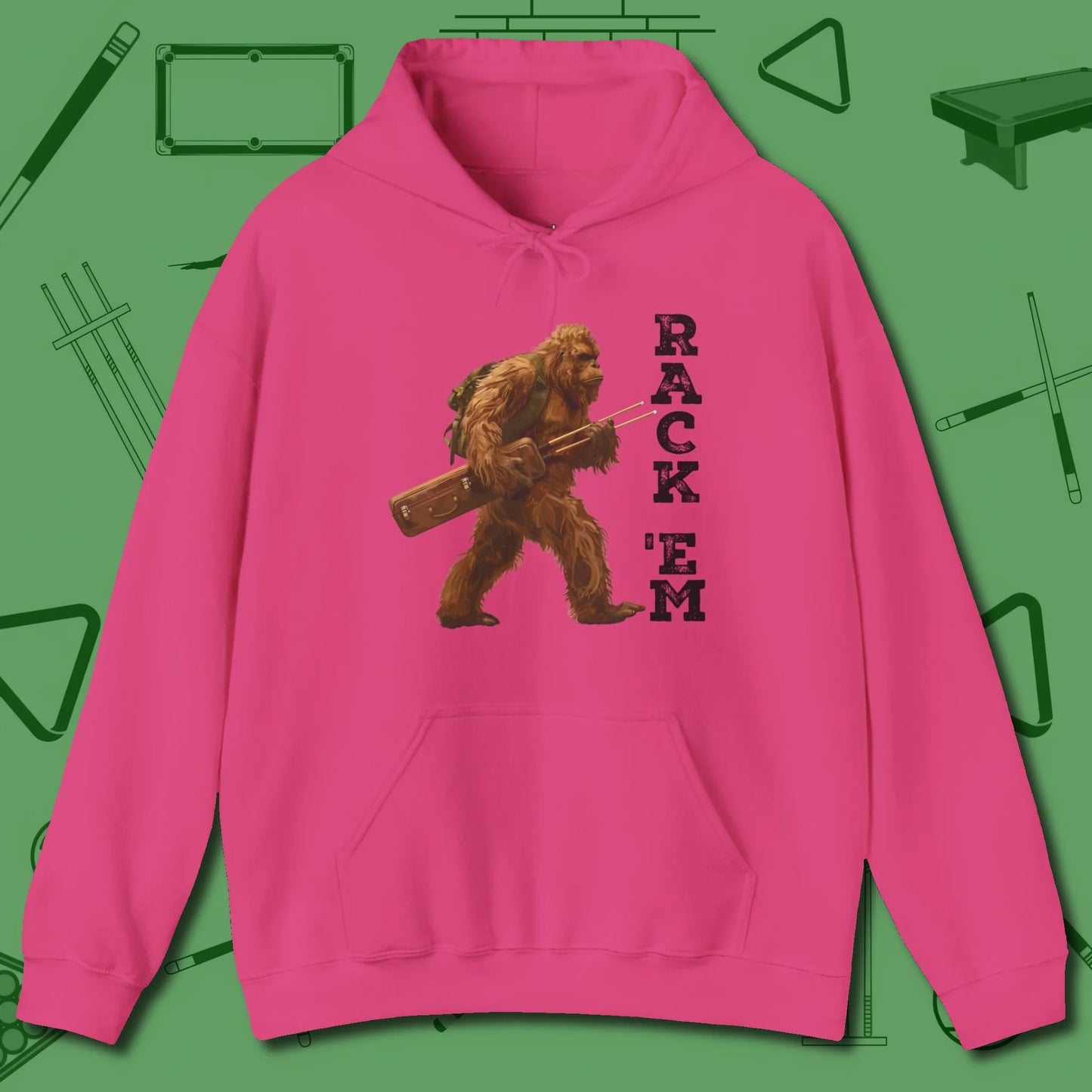 Bigfoot Rack 'em Hoodie, front view, in Heliconia for hustlers who keep it honest