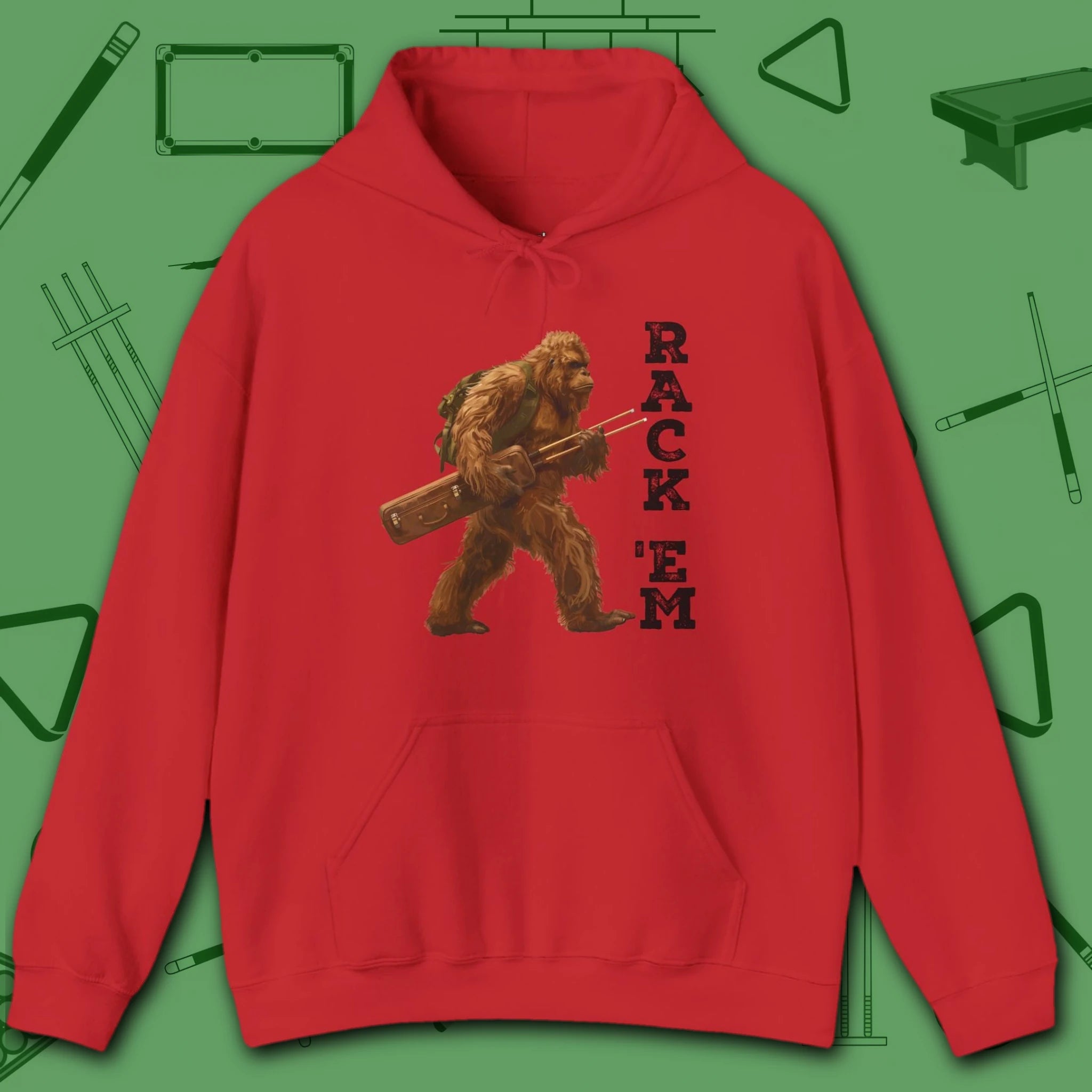 Bigfoot Rack 'em Pool Hoodie, in Heliconia color, billiards hoodie, front view