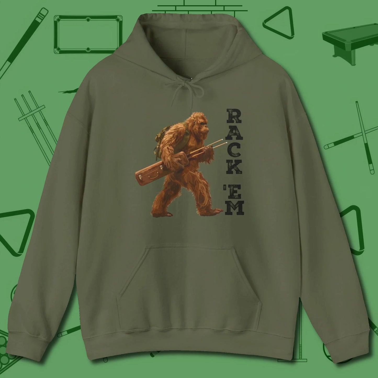 Bigfoot Rack 'em Hoodie, front view, in Military Green smart enough for the felt and the street