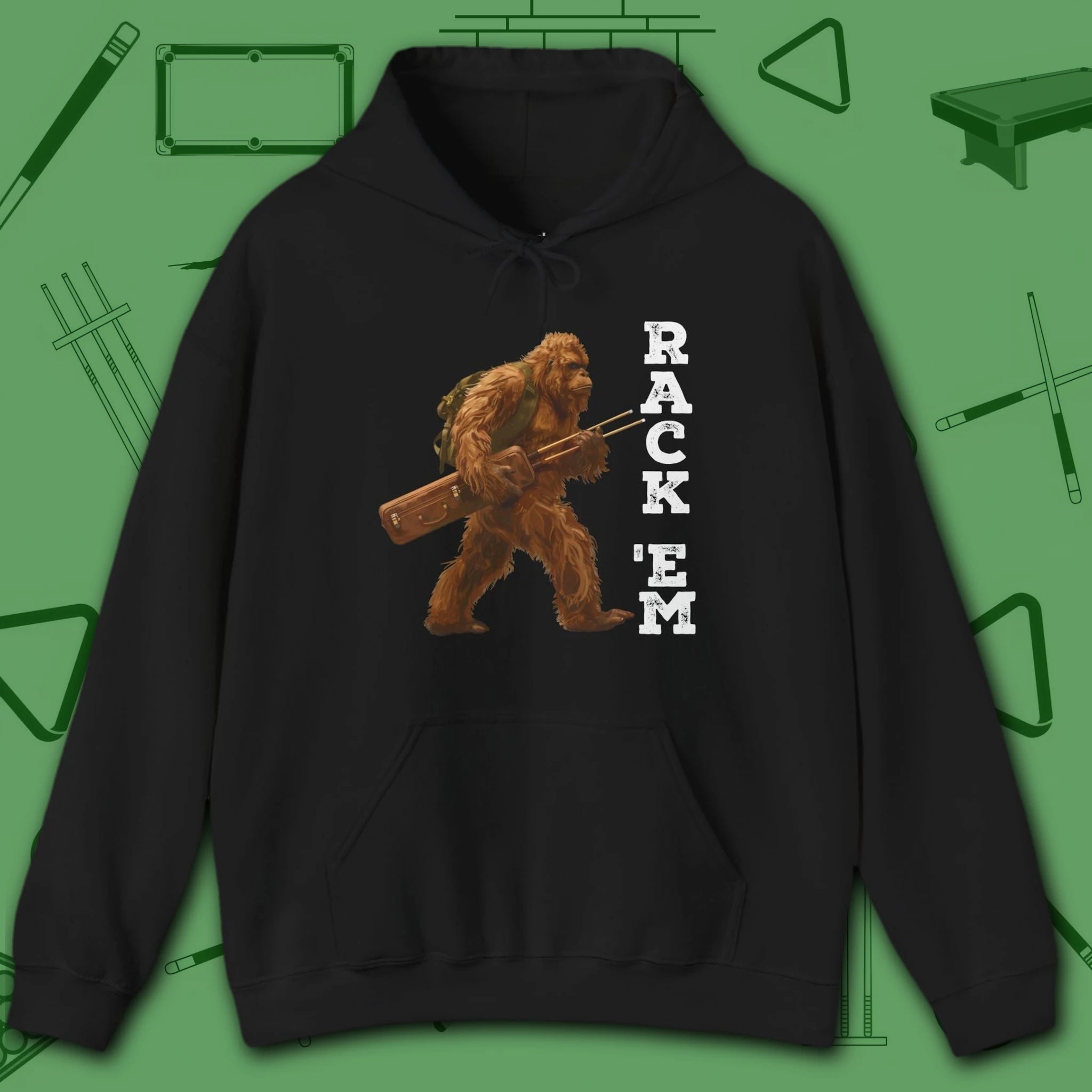 Bigfoot Rack 'em Pool Hoodie, in Military Green color, billiards hoodie, front view