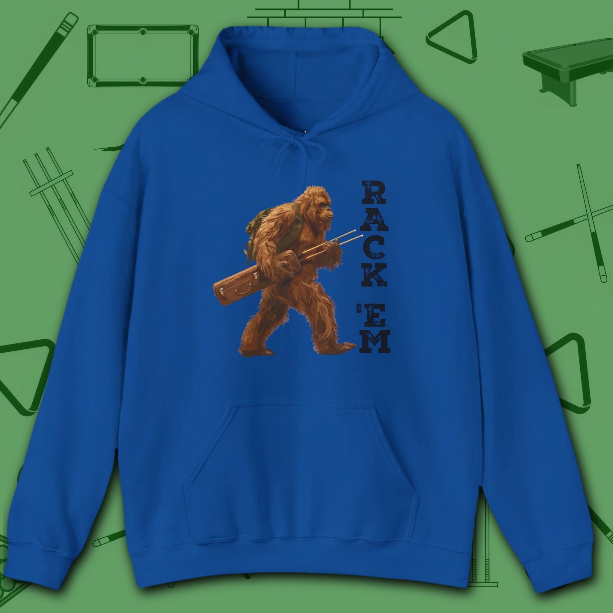 Bigfoot Rack 'em Pool Hoodie, in Red color, billiards hoodie, front view