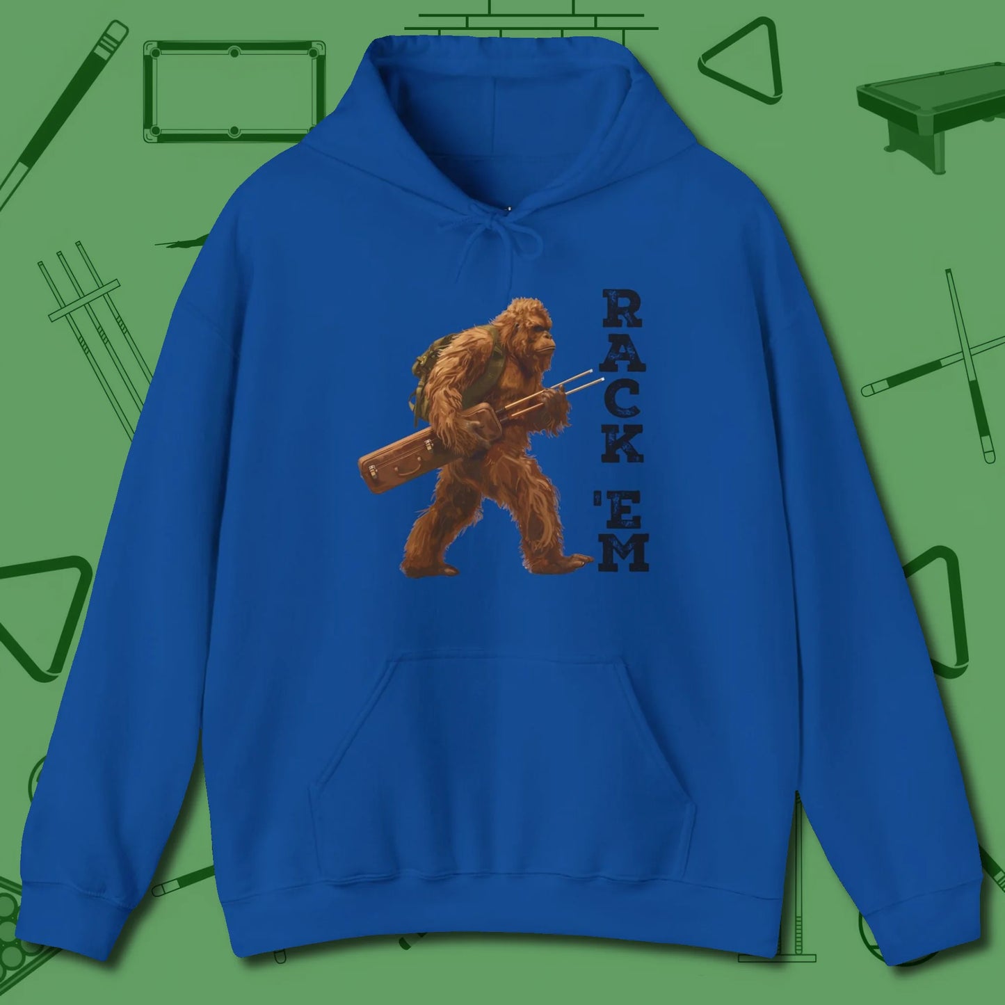 Bigfoot Rack 'em Hoodie, front view, in Royal confidence stitched in every seam