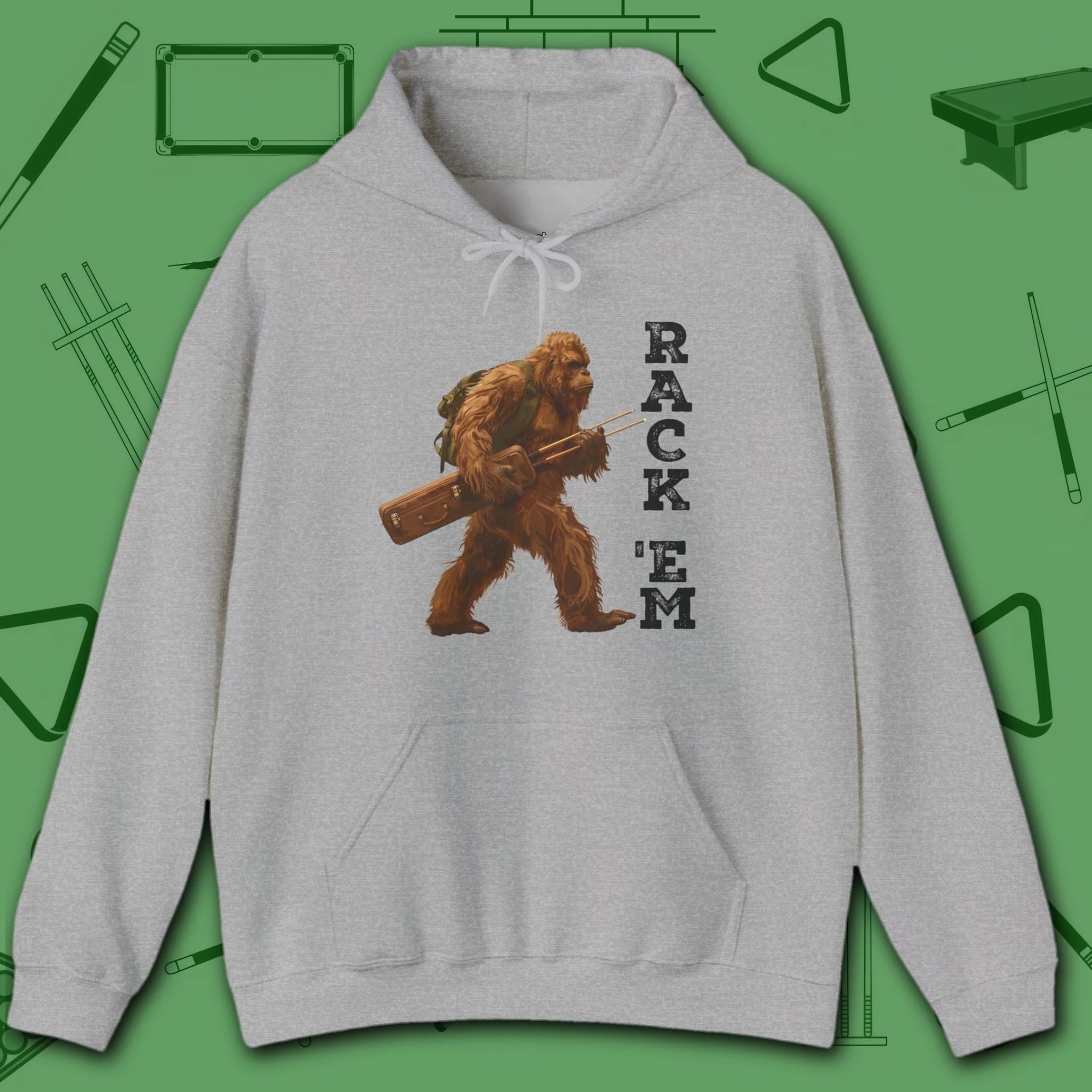 Bigfoot Rack 'em Pool Hoodie, in Sport Grey color, billiards hoodie, front view