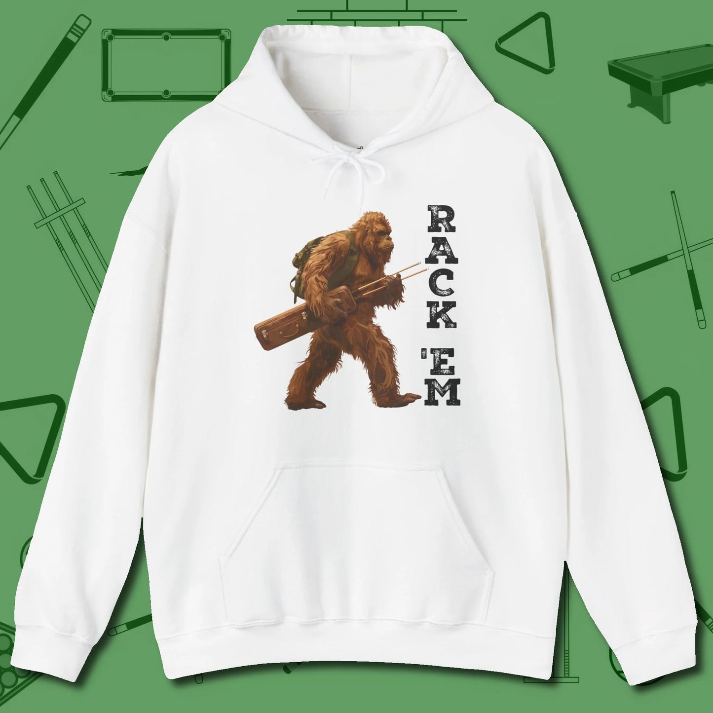 Bigfoot Rack 'em Hoodie, front view, in White from chalk to clutch, look the part