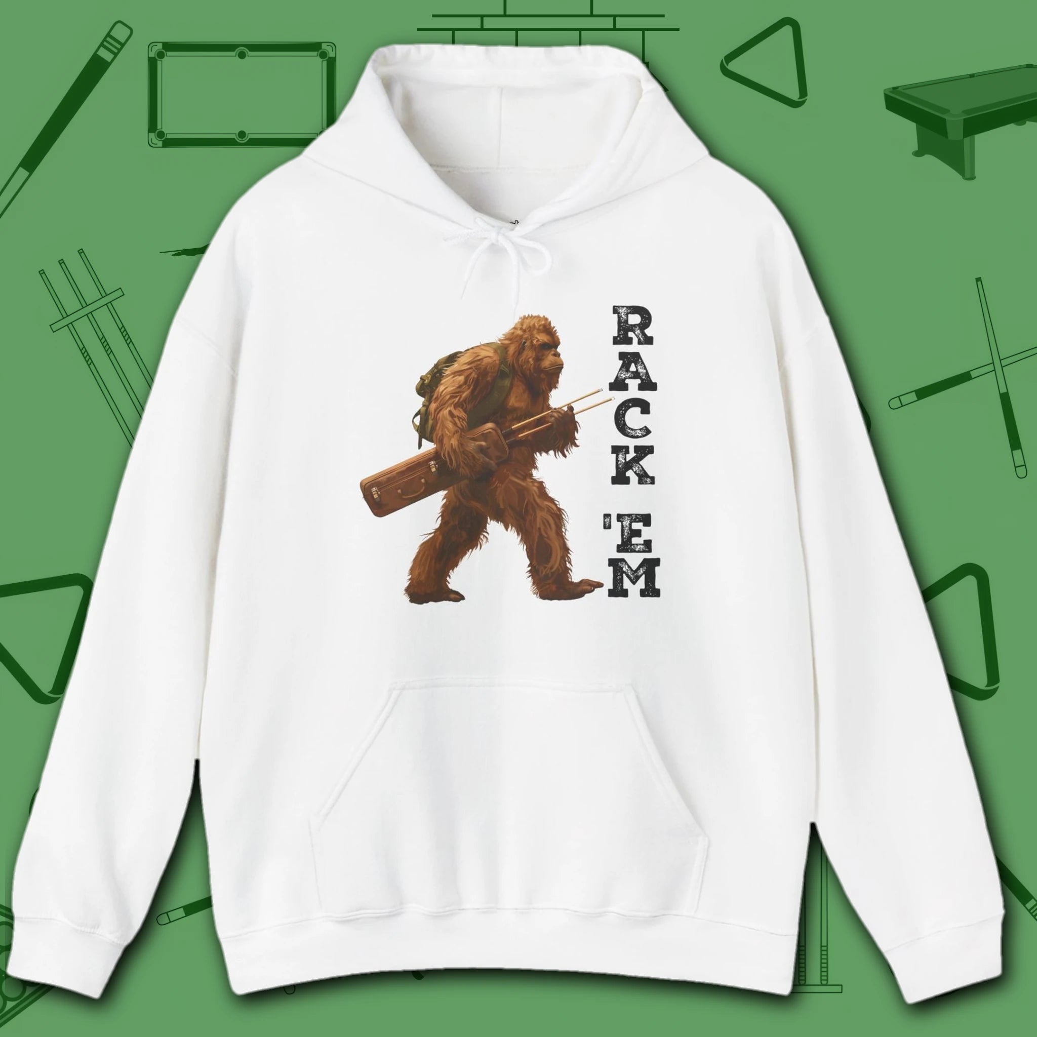 Bigfoot Rack 'em Pool Hoodie, in White color, billiards hoodie, front view