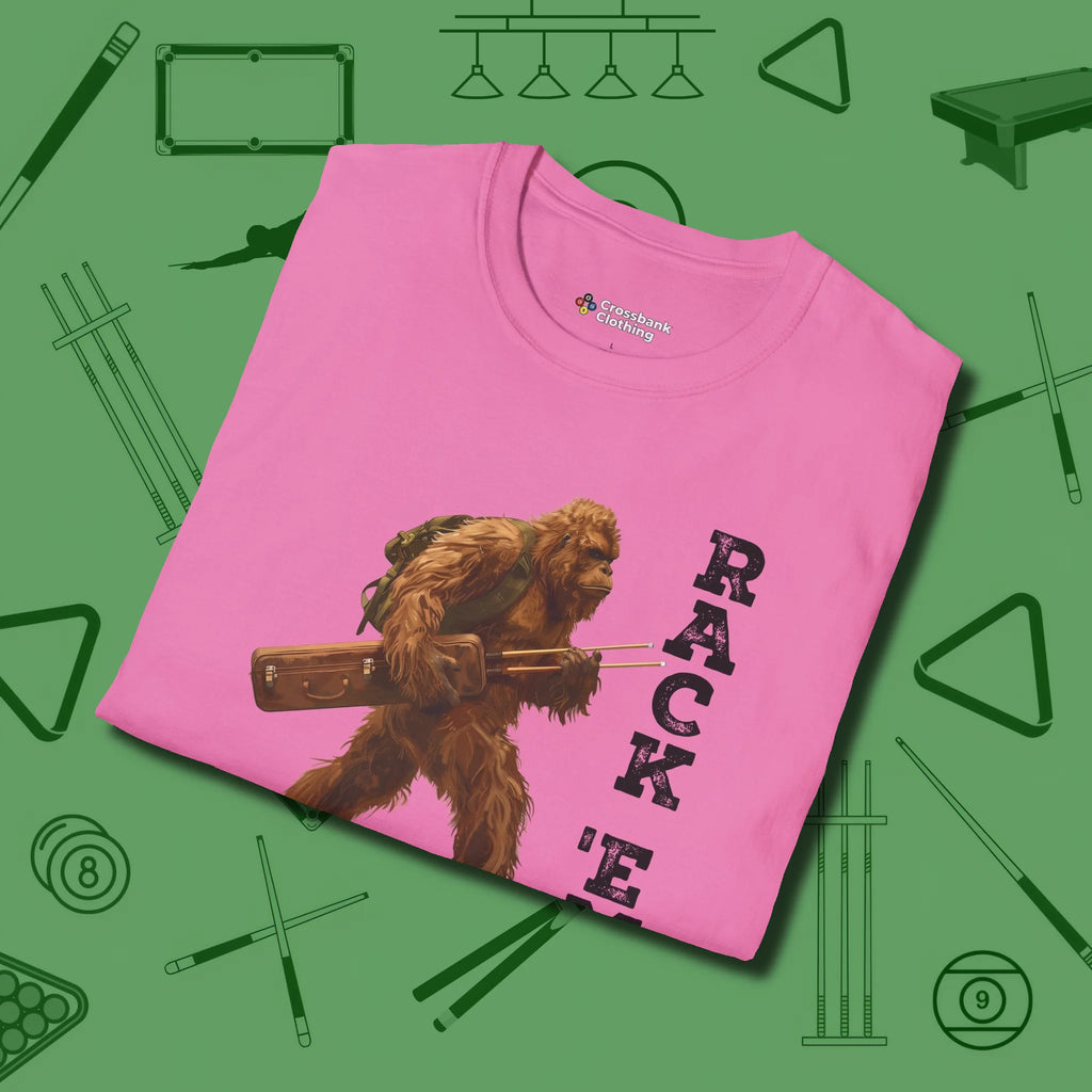 Bigfoot Rack 'em T-Shirt, folded view, in Azalea stitched for cue discipline and cool confidence