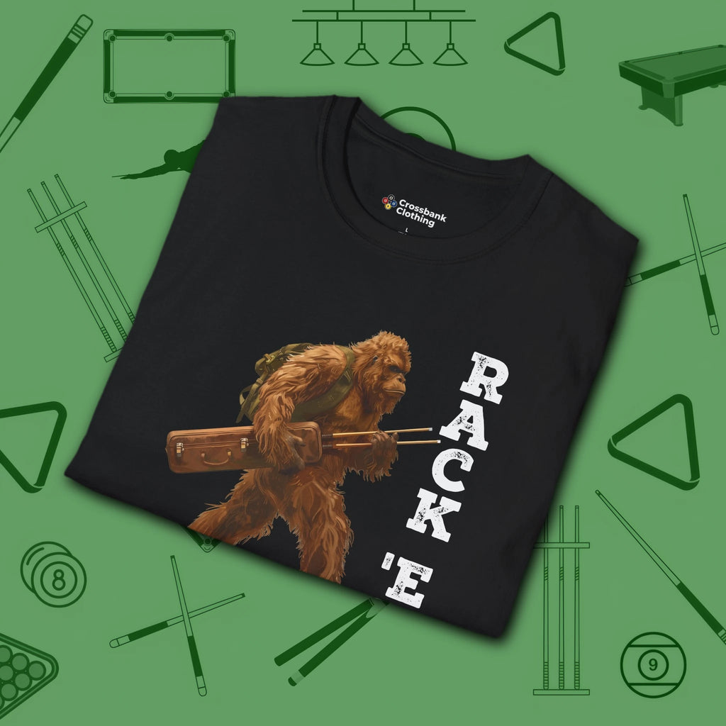 Bigfoot Rack 'em Pool T-Shirt, in Black color, billiards shirt, folded view
