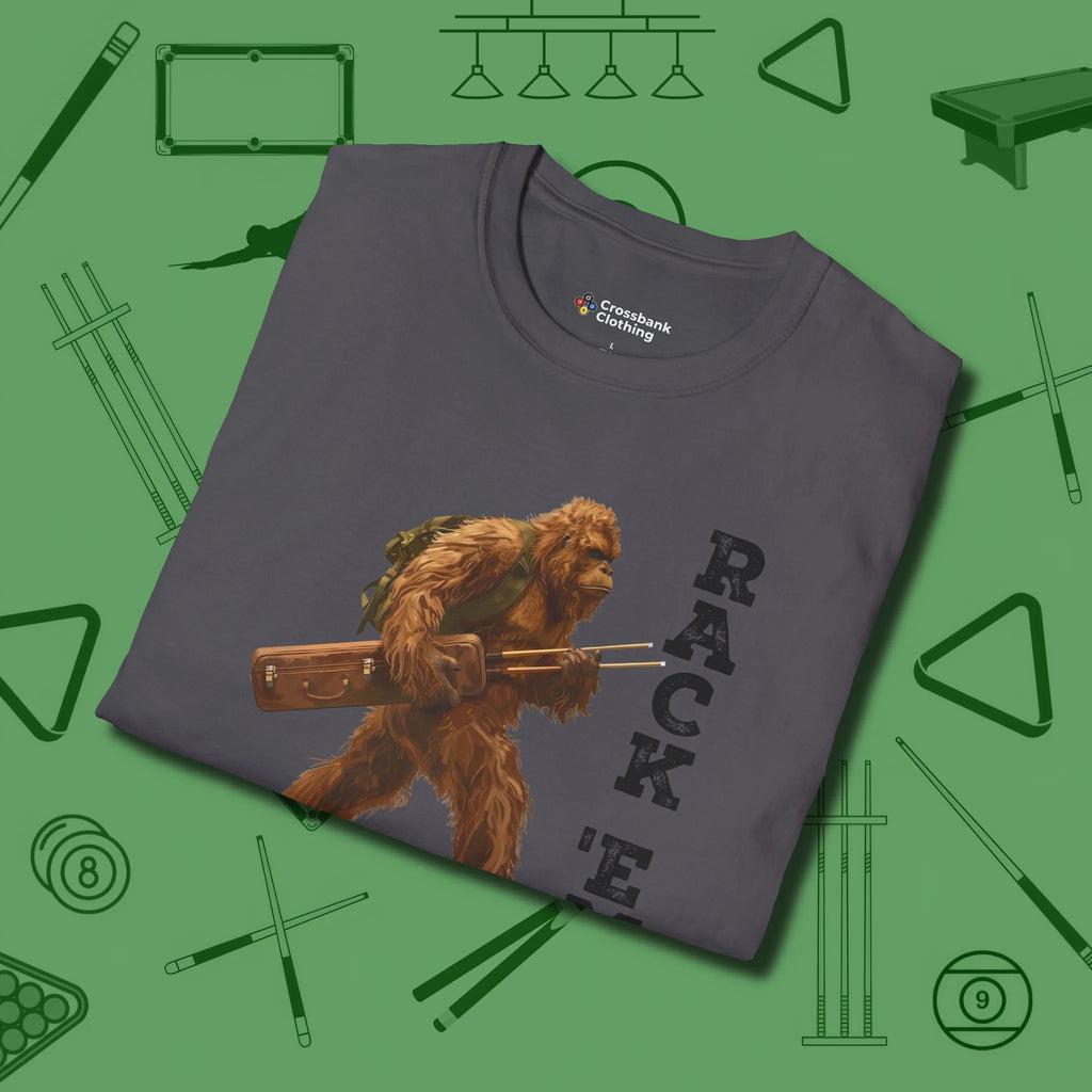 Bigfoot Rack 'em T-Shirt, folded view, in Charcoal confidence stitched in every seam