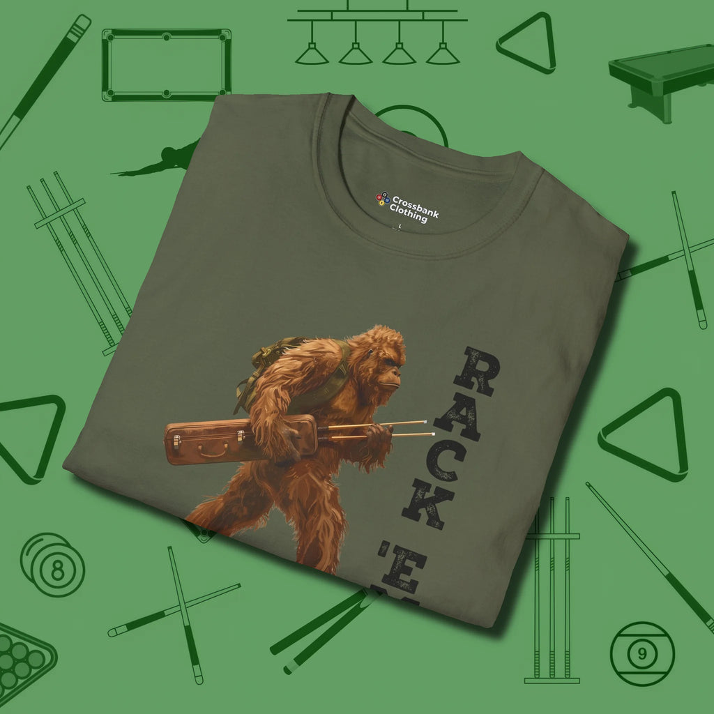 Bigfoot Rack 'em T-Shirt, folded view, in Military Green tough like your favorite break cue