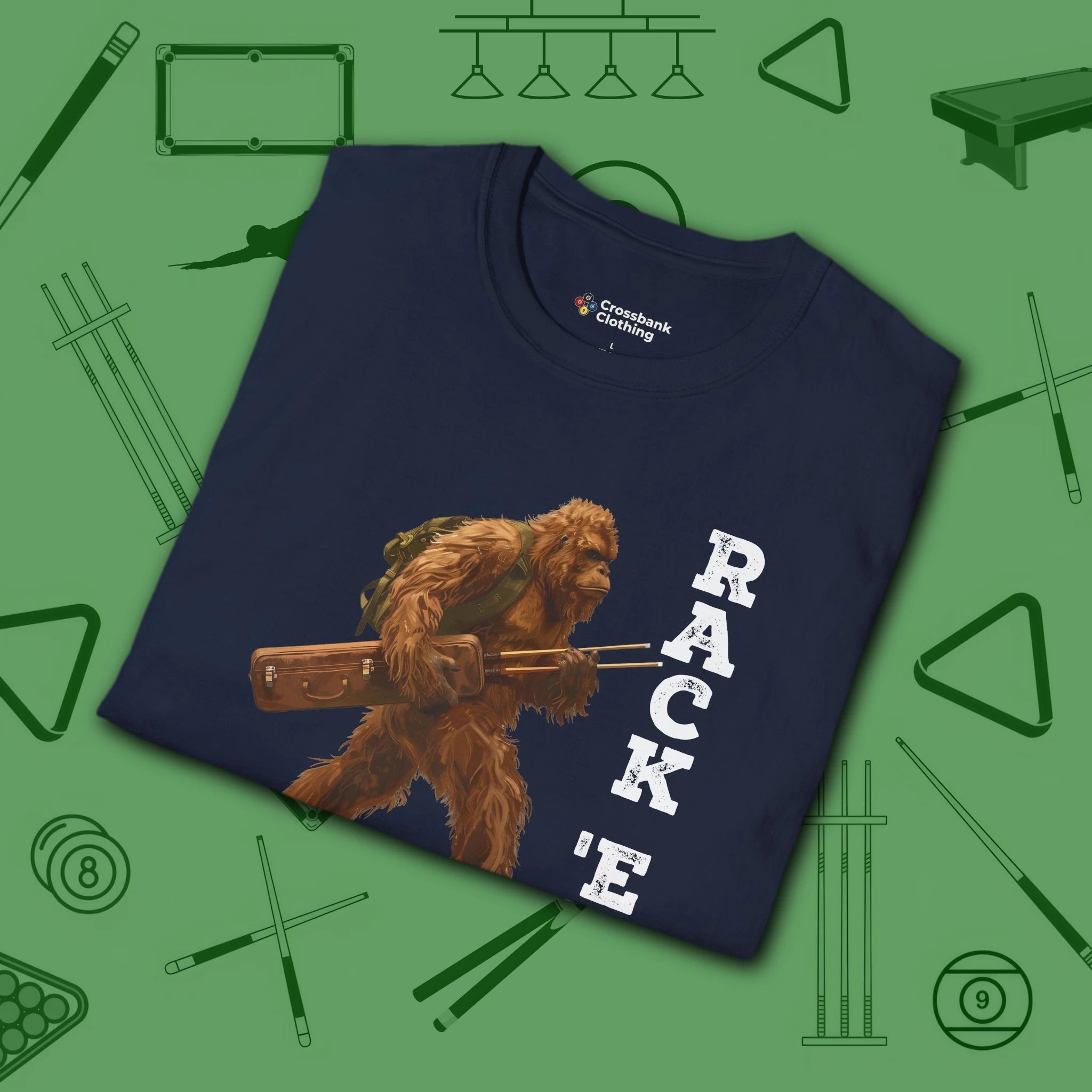Bigfoot Rack 'em Pool T-Shirt, in Navy color, billiards shirt, folded view