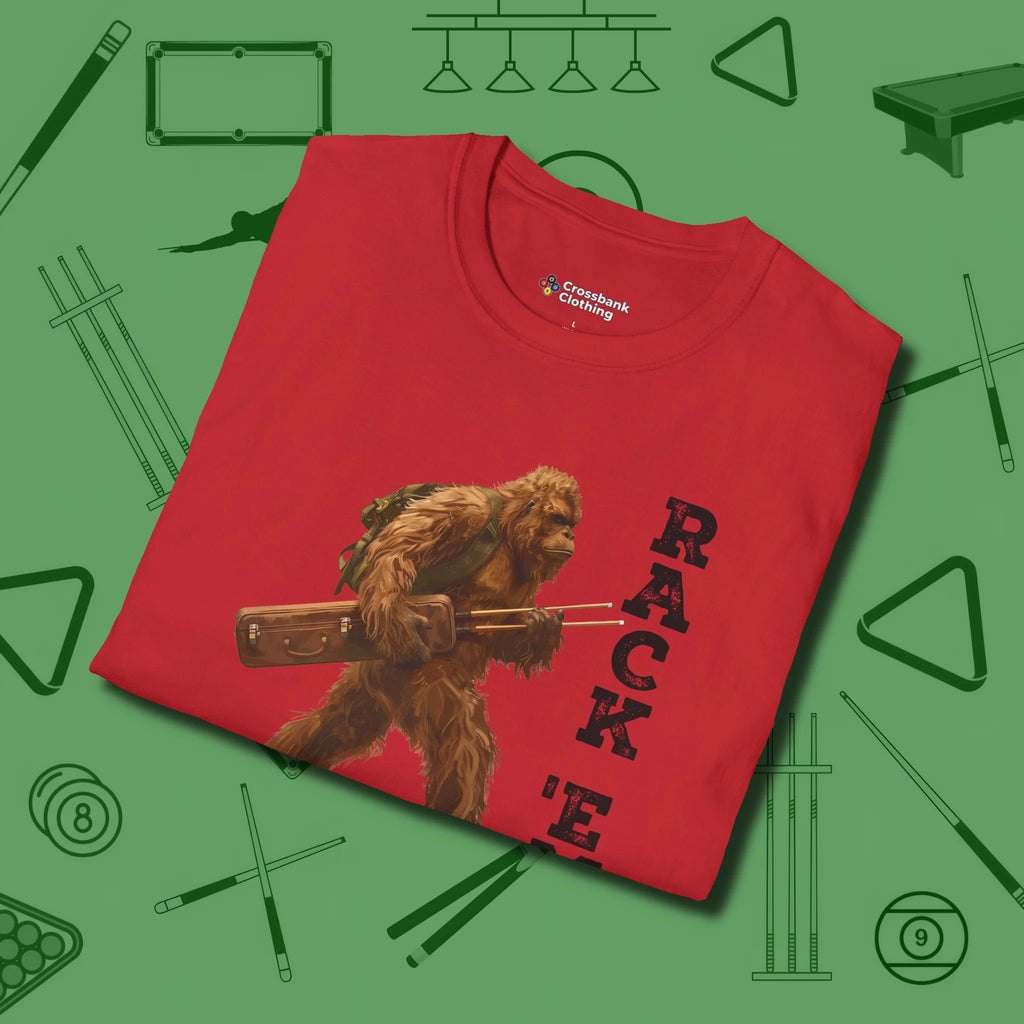 Bigfoot Rack 'em T-Shirt, folded view, in Red where style and cue discipline collide