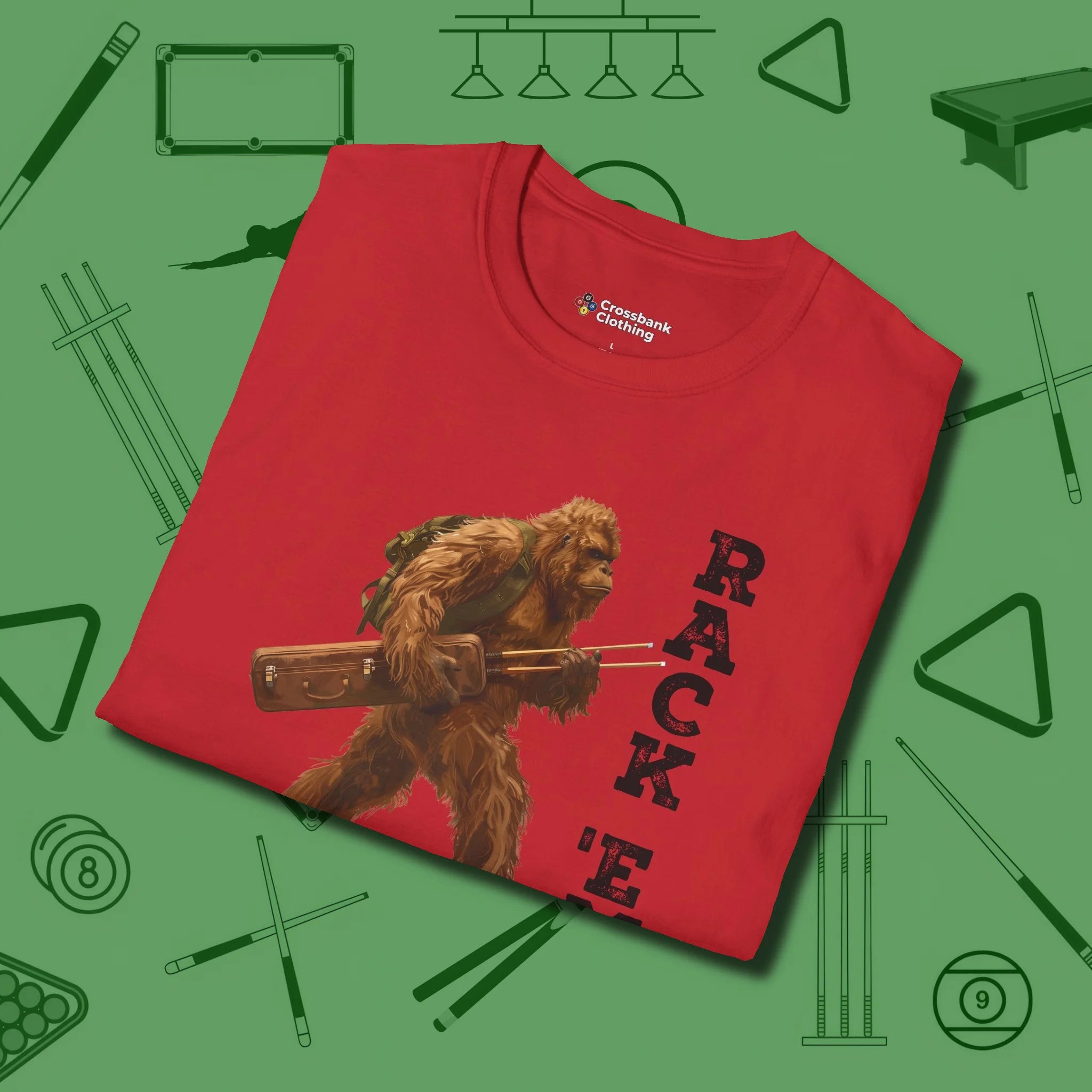 Bigfoot Rack 'em T-Shirt, folded view, in Red where style and cue discipline collide