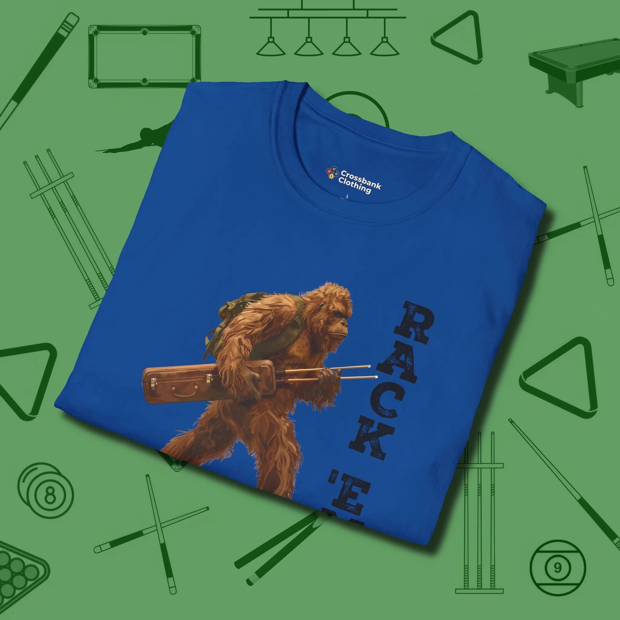 Bigfoot Rack 'em T-Shirt, folded view, in Royal precise, confident, always in control