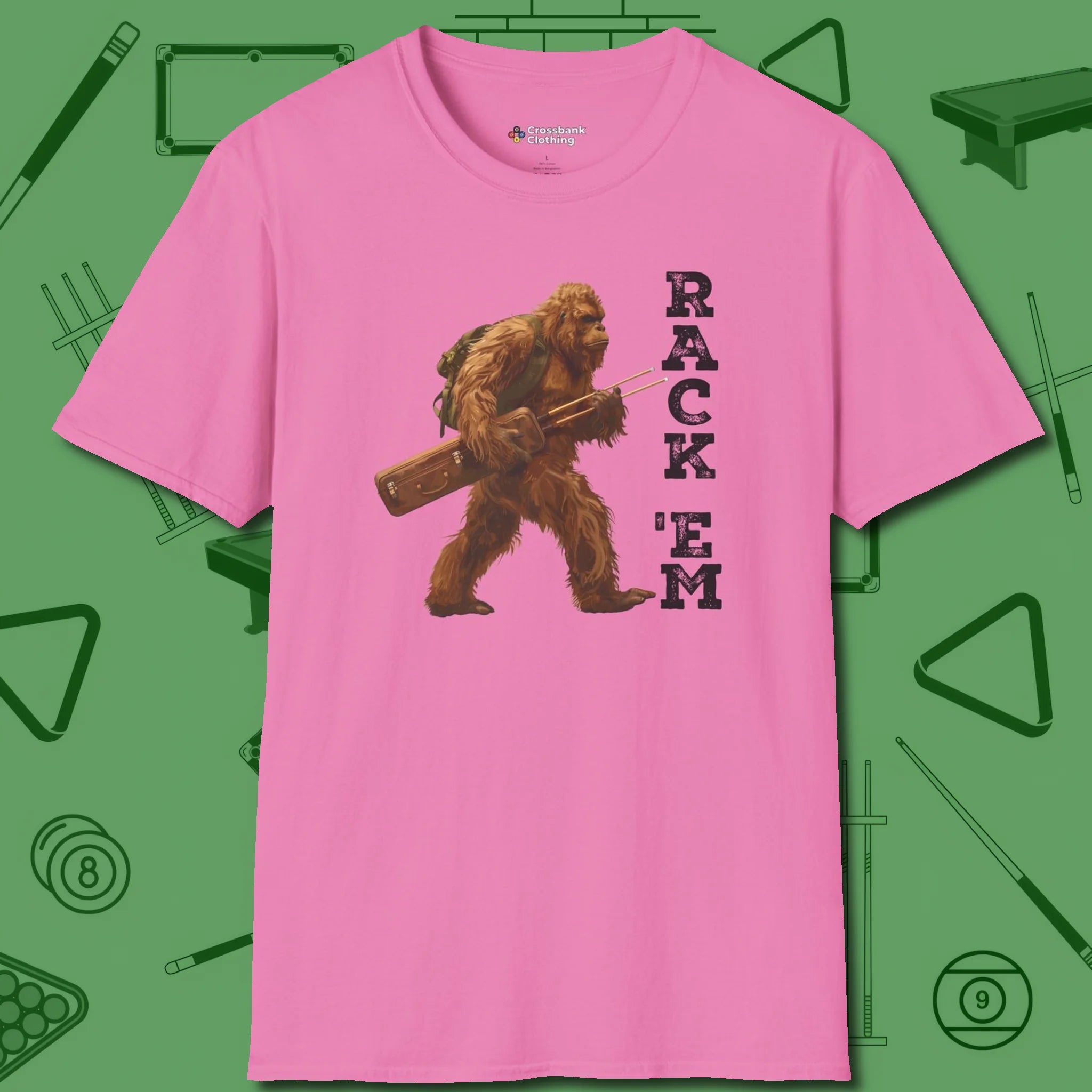Bigfoot Rack 'em T-Shirt, front view, in Azalea precise, confident, always in control