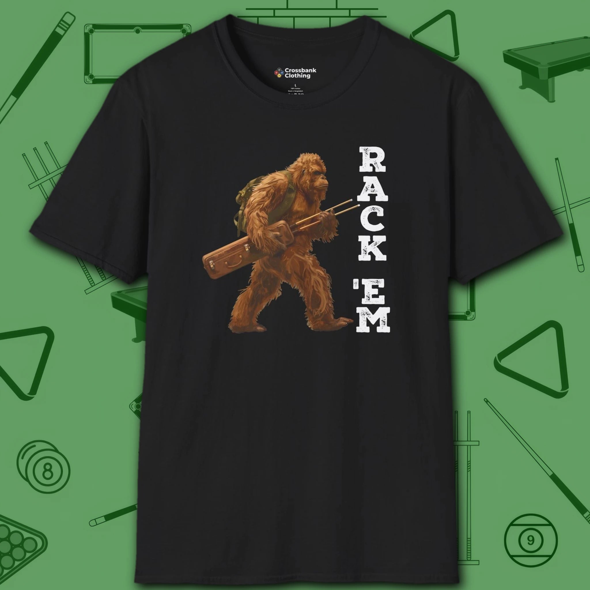 Bigfoot Rack 'em Pool T-Shirt, in Black color, billiards shirt, front view