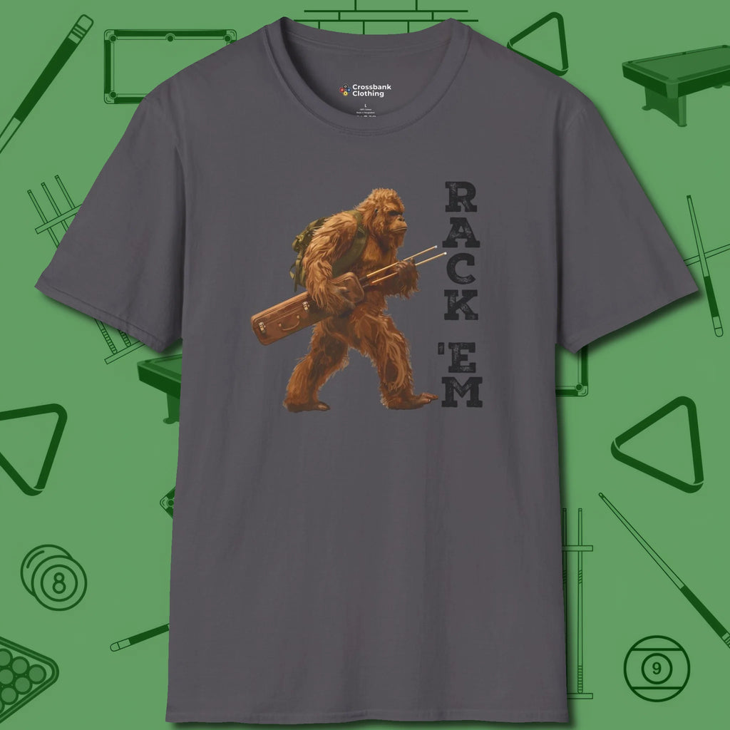 Bigfoot Rack 'em T-Shirt, front view, in Charcoal the shirt that plays position