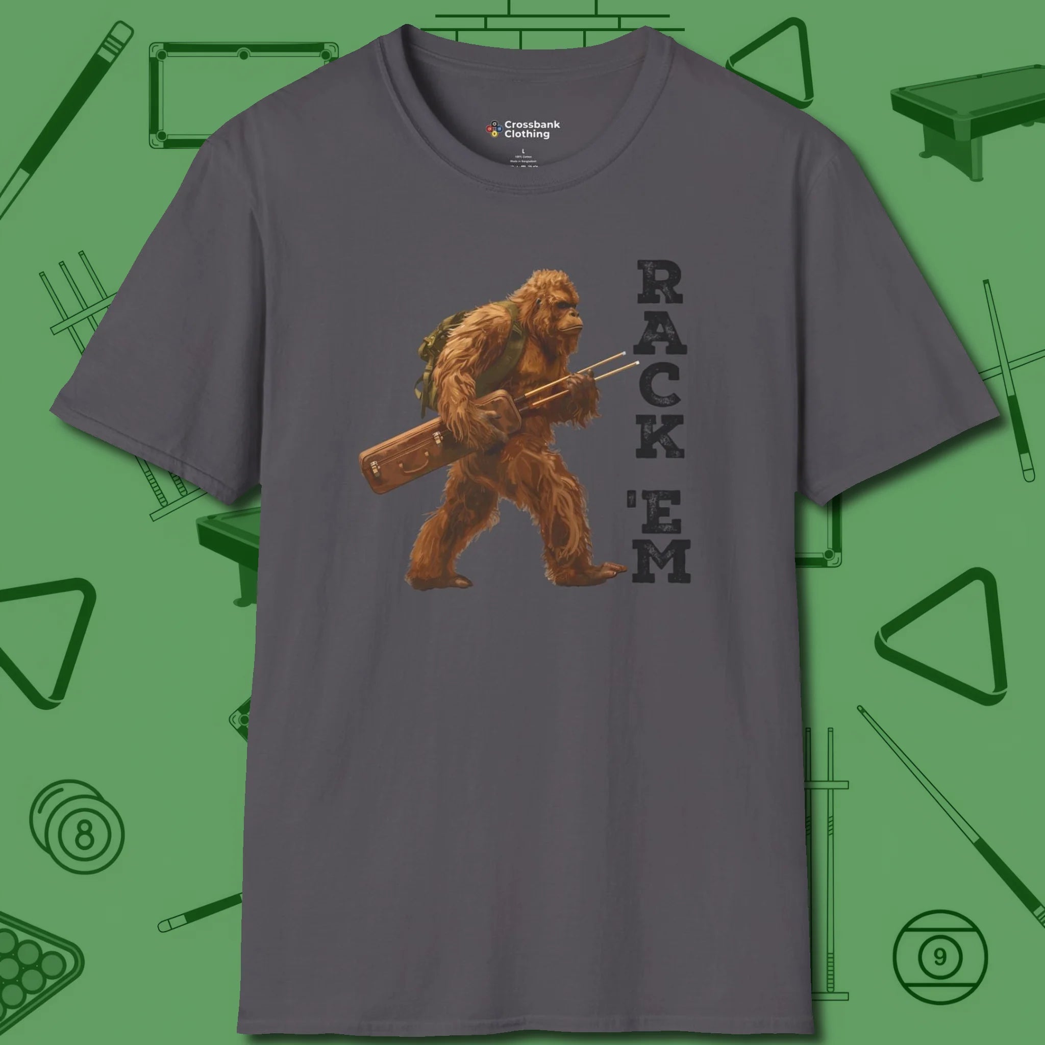 Bigfoot Rack 'em T-Shirt, front view, in Charcoal the shirt that plays position