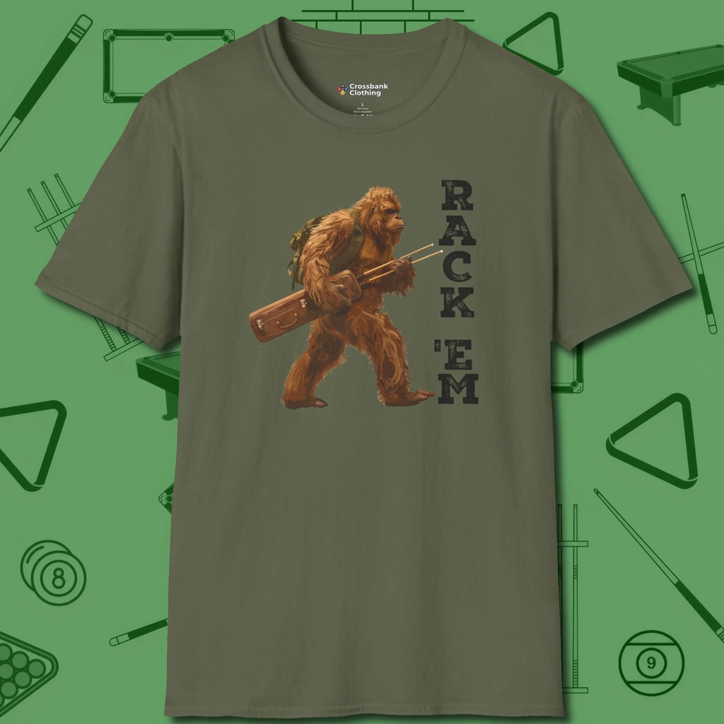 Bigfoot Rack 'em T-Shirt, front view, in Military Green for players who live the game