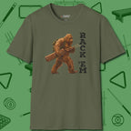 Bigfoot Rack 'em T-Shirt, front view, in Military Green for players who live the game