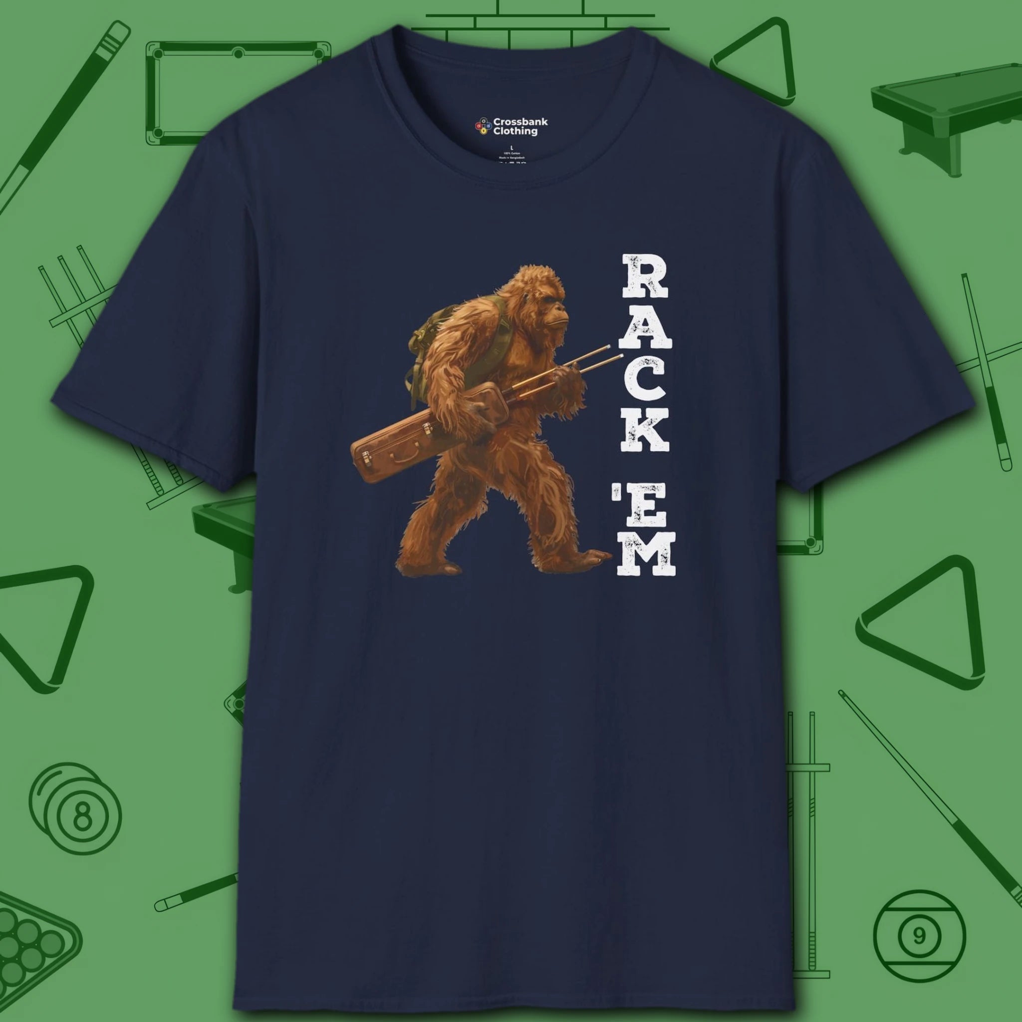 Bigfoot Rack 'em Pool T-Shirt, in Navy color, billiards shirt, front view