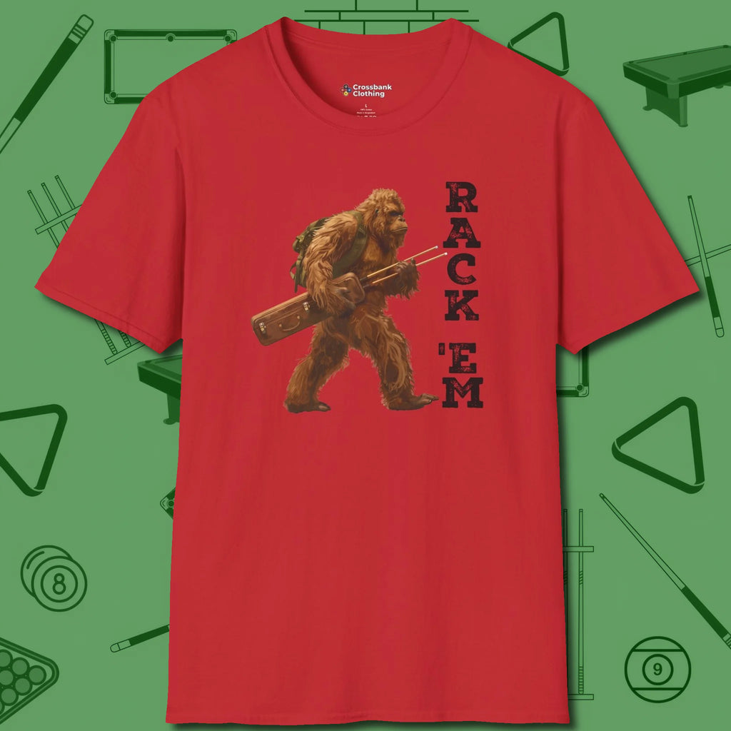 Bigfoot Rack 'em T-Shirt, front view, in Red for players who live the game