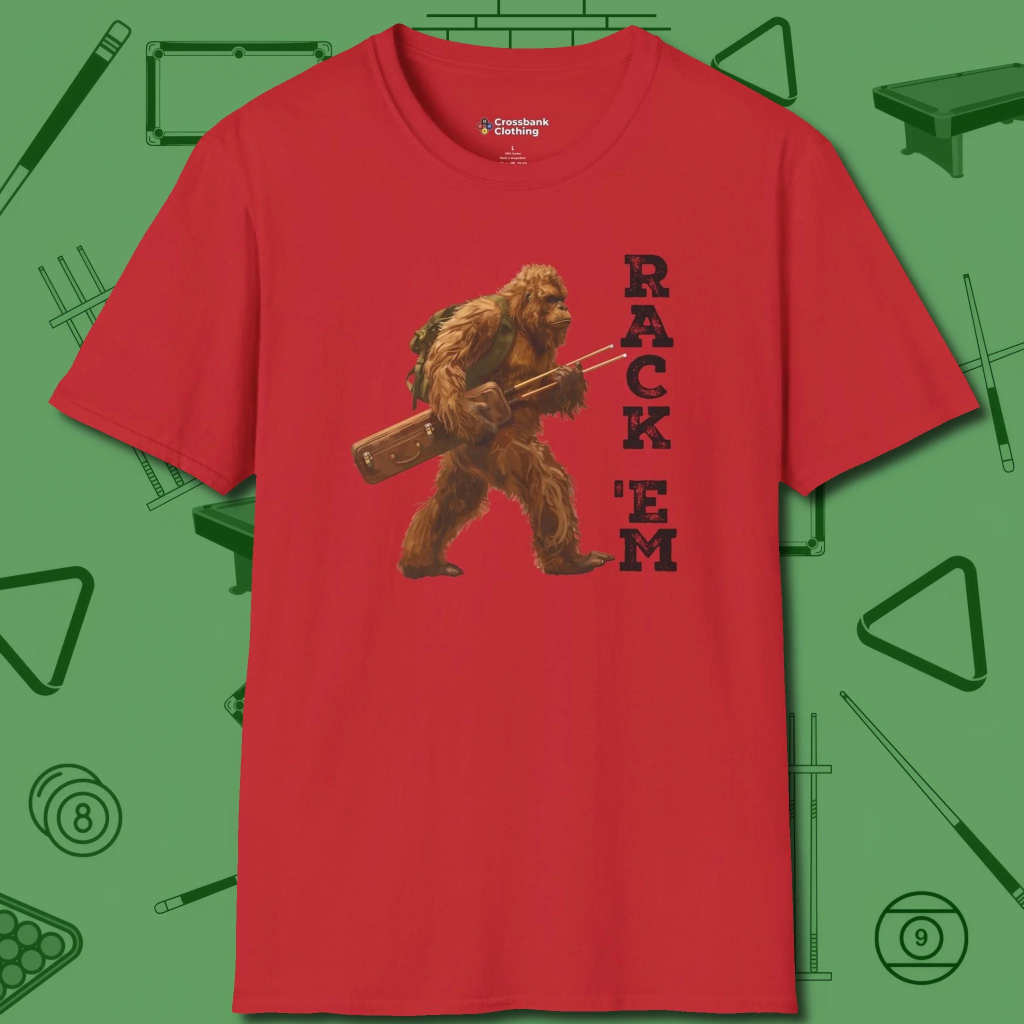 Bigfoot Rack 'em T-Shirt, front view, in Red for players who live the game