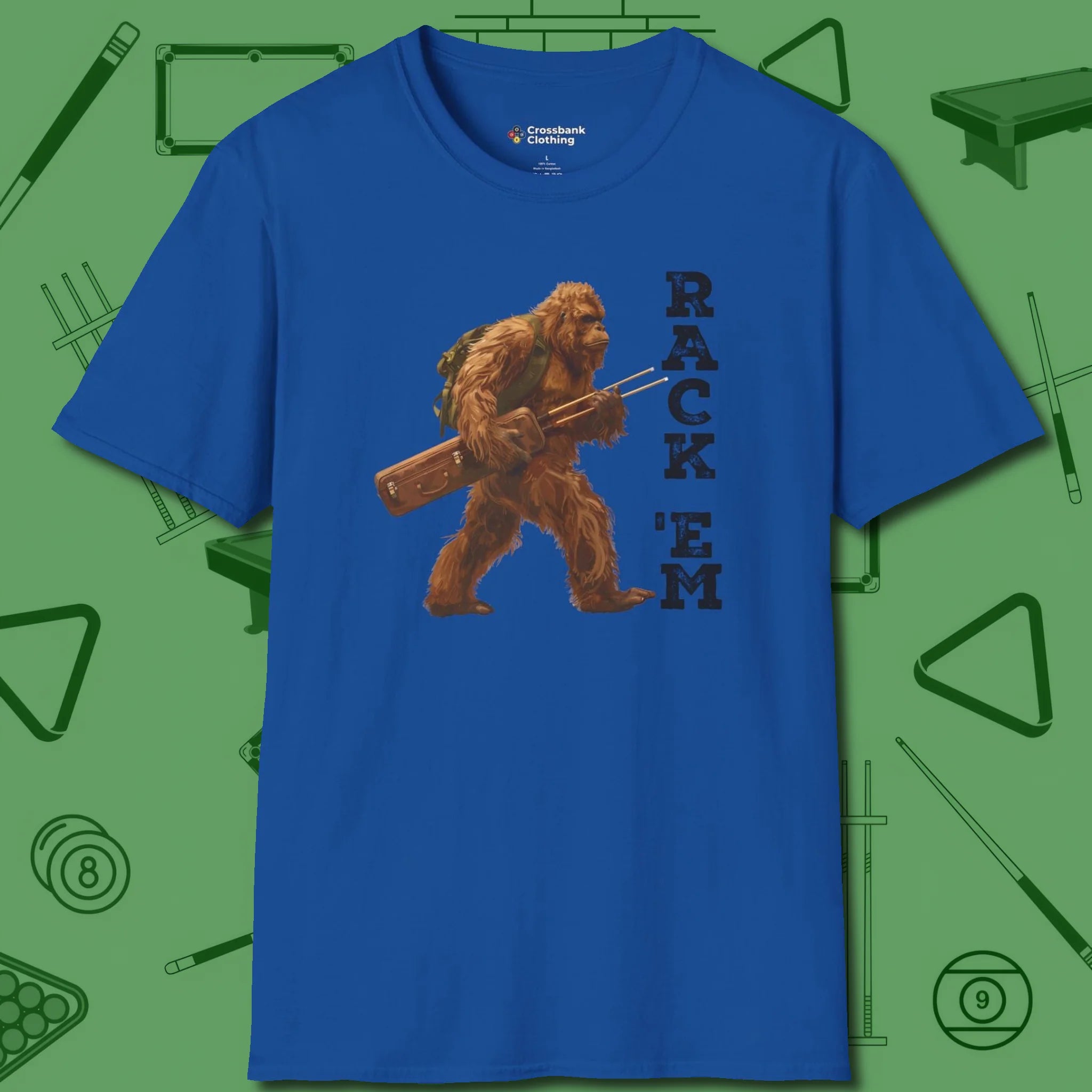 Bigfoot Rack 'em T-Shirt, front view, in Royal where cue control meets personal style