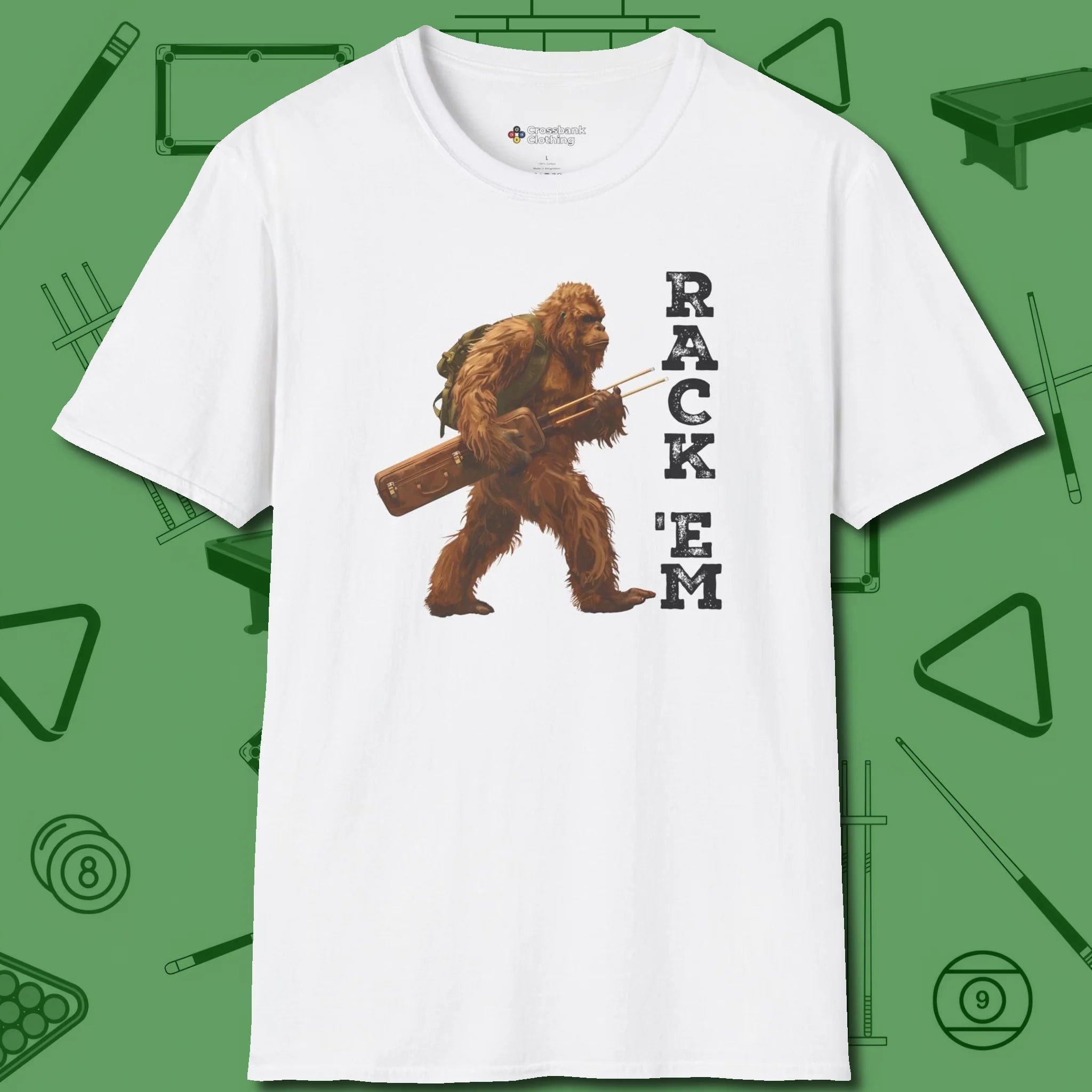 Bigfoot Rack 'em T-Shirt, front view, in White your go-to shirt for league night victories