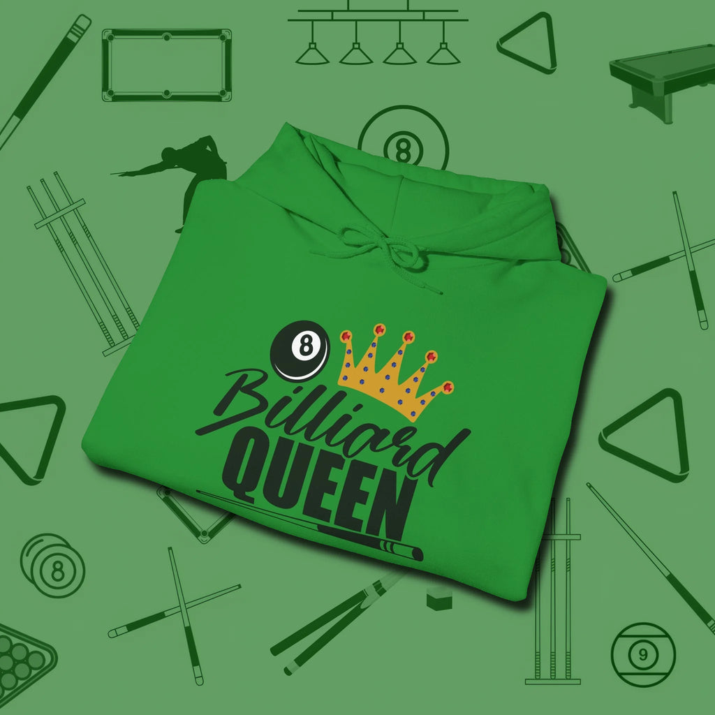 Billiard Queen Hoodie, folded view, in Irish Green styled to dominate from rack to run-out