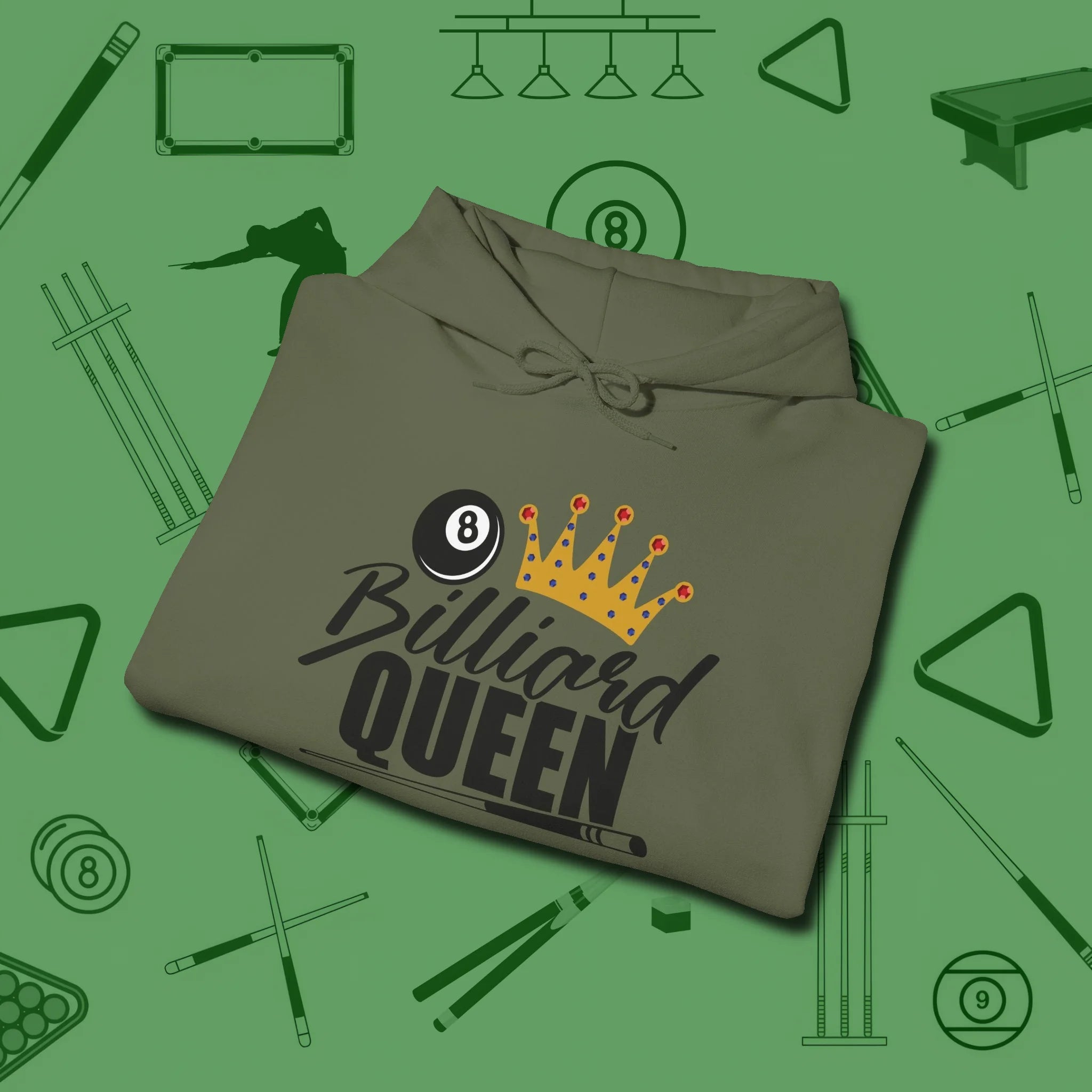 Billiard Queen Hoodie, folded view, in Military Green where style and cue discipline collide