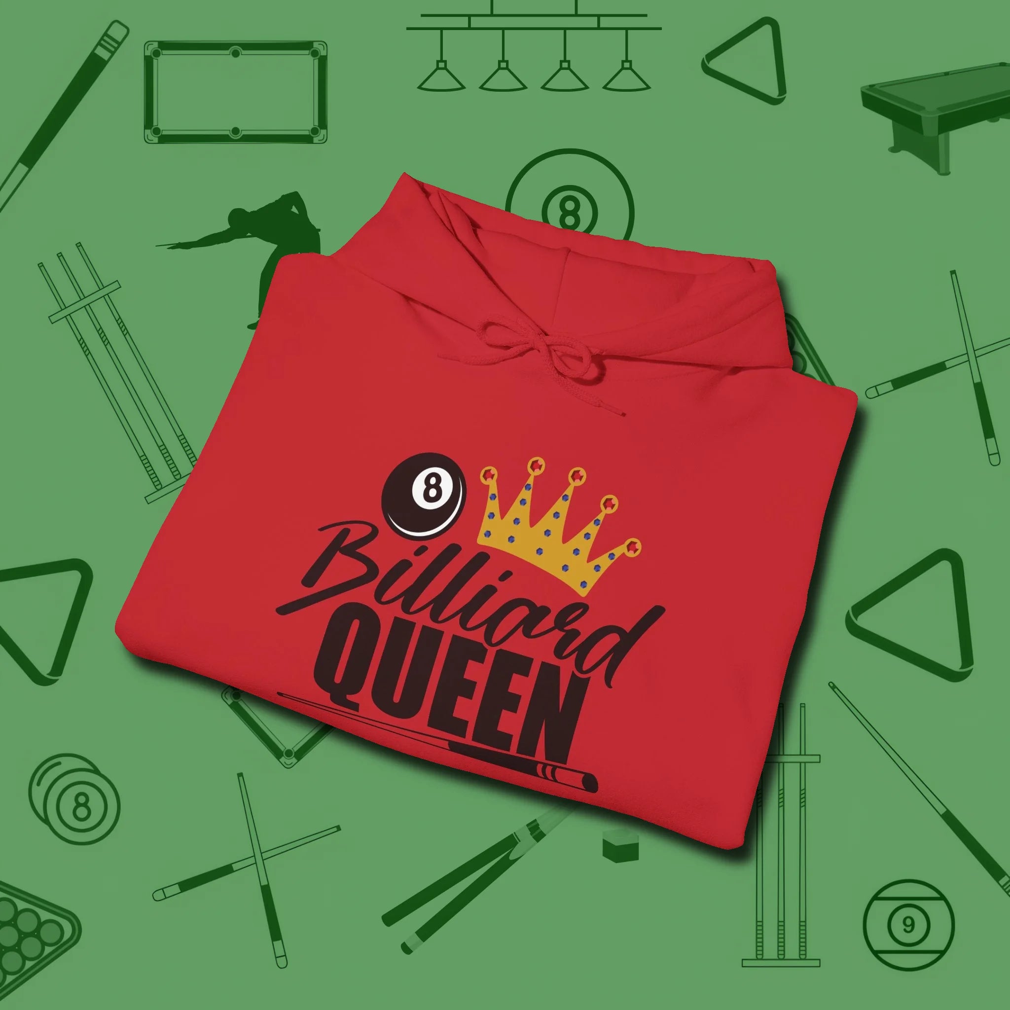 Billiard Queen Hoodie, folded view, in Red attitude built for the long haul