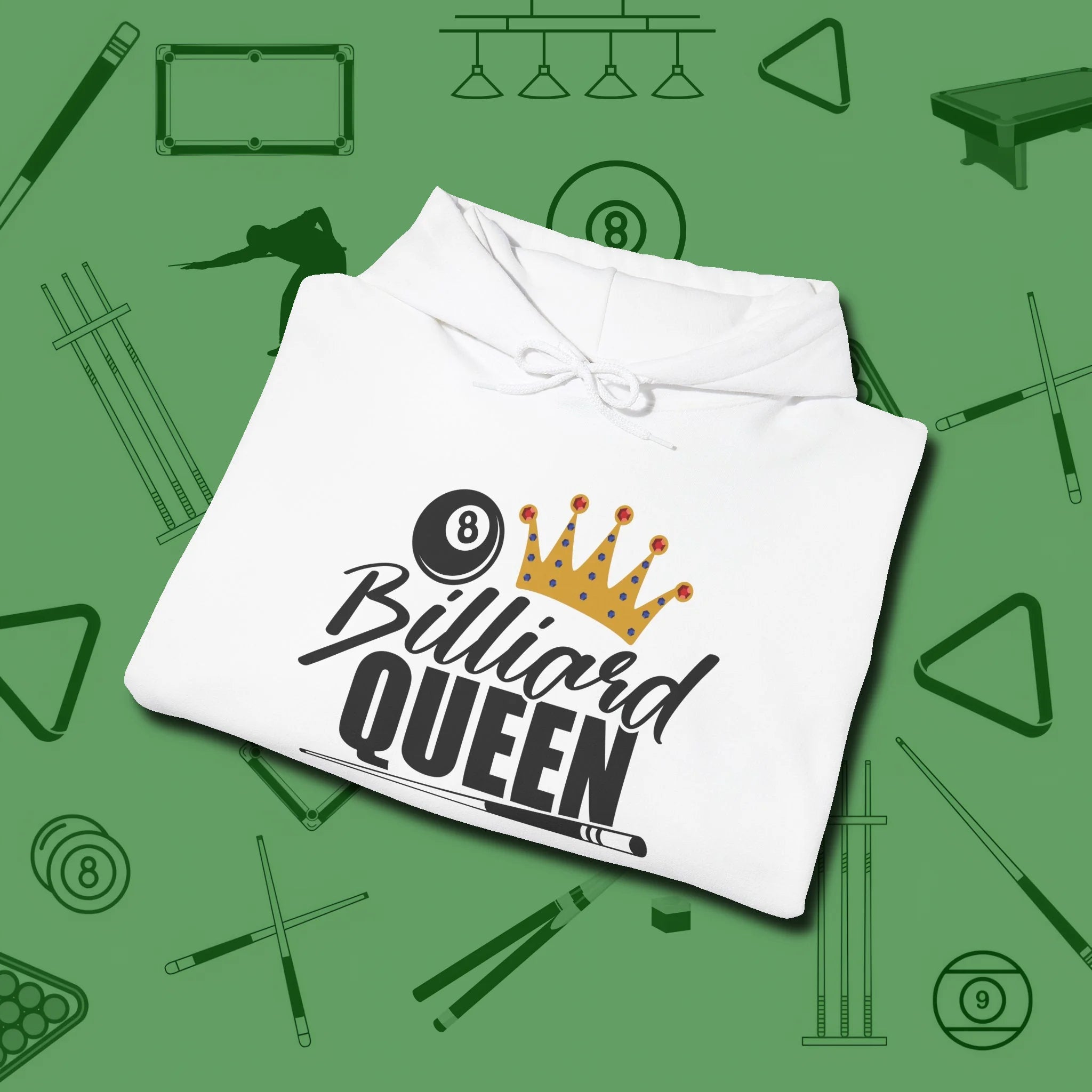 Billiard Queen Hoodie, folded view, in White play in style, win in silence