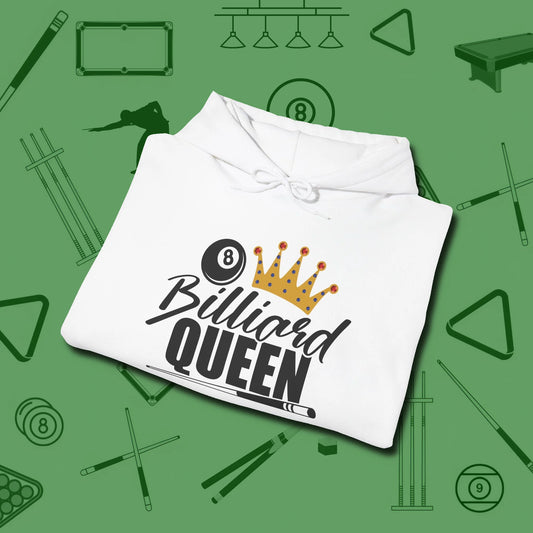 Billiard Queen Hoodie, folded view, in White play in style, win in silence