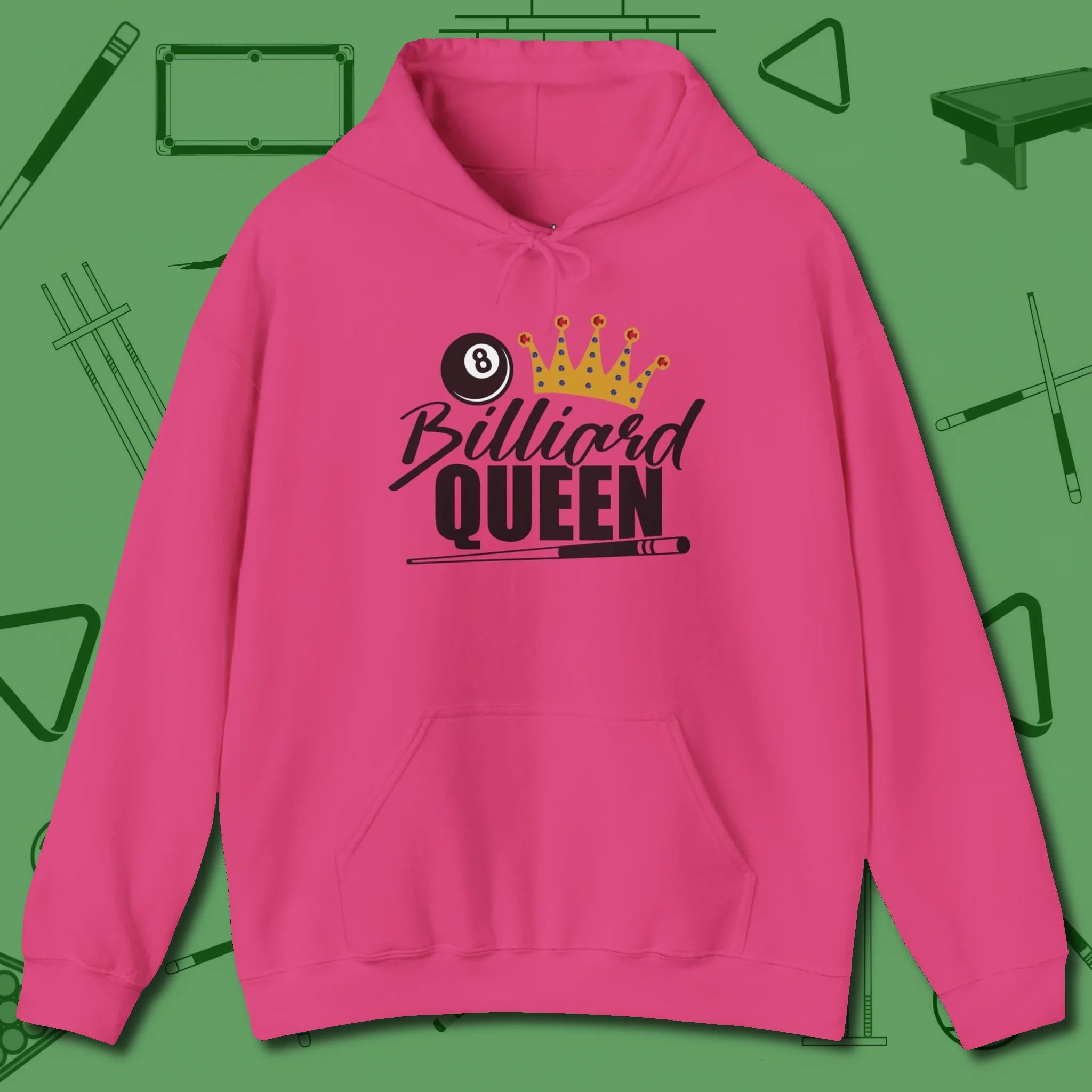 Billiard Queen Hoodie, front view, in Heliconia clean lines for dirty minds
