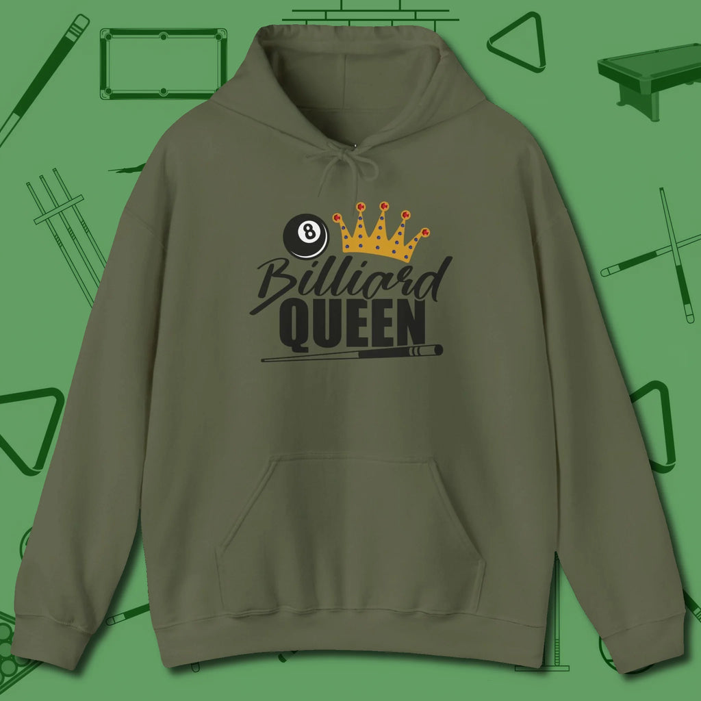 Billiard Queen Hoodie, front view, in Military Green smart enough for the felt and the street