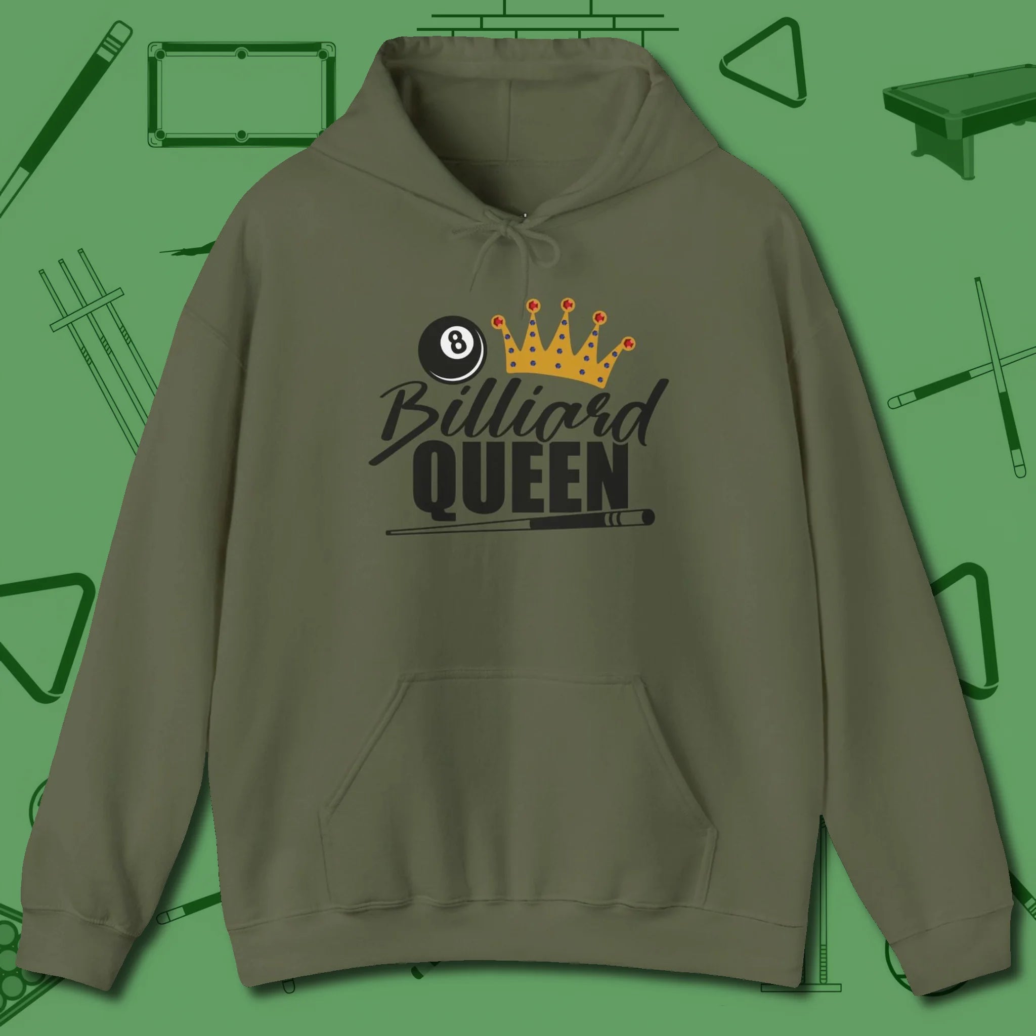 Billiard Queen Hoodie, front view, in Military Green smart enough for the felt and the street