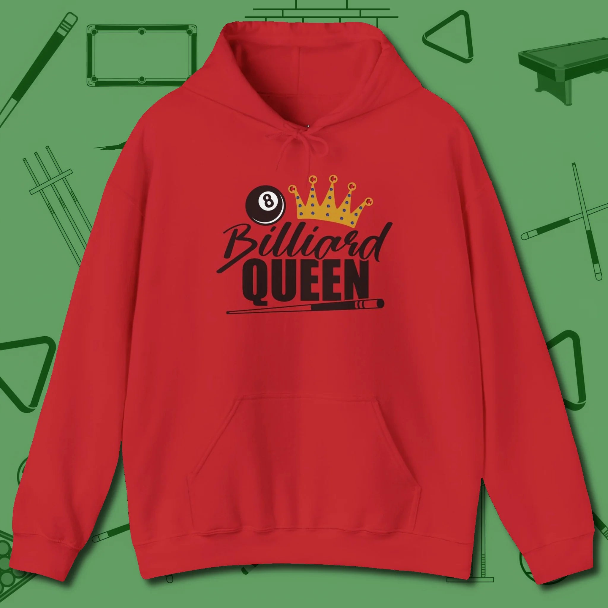 Billiard Queen Hoodie, front view, in Red for shooters who dress like they play: sharp