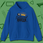 Billiard Queen Hoodie, front view, in Royal designed for dead stroke and deadpan looks