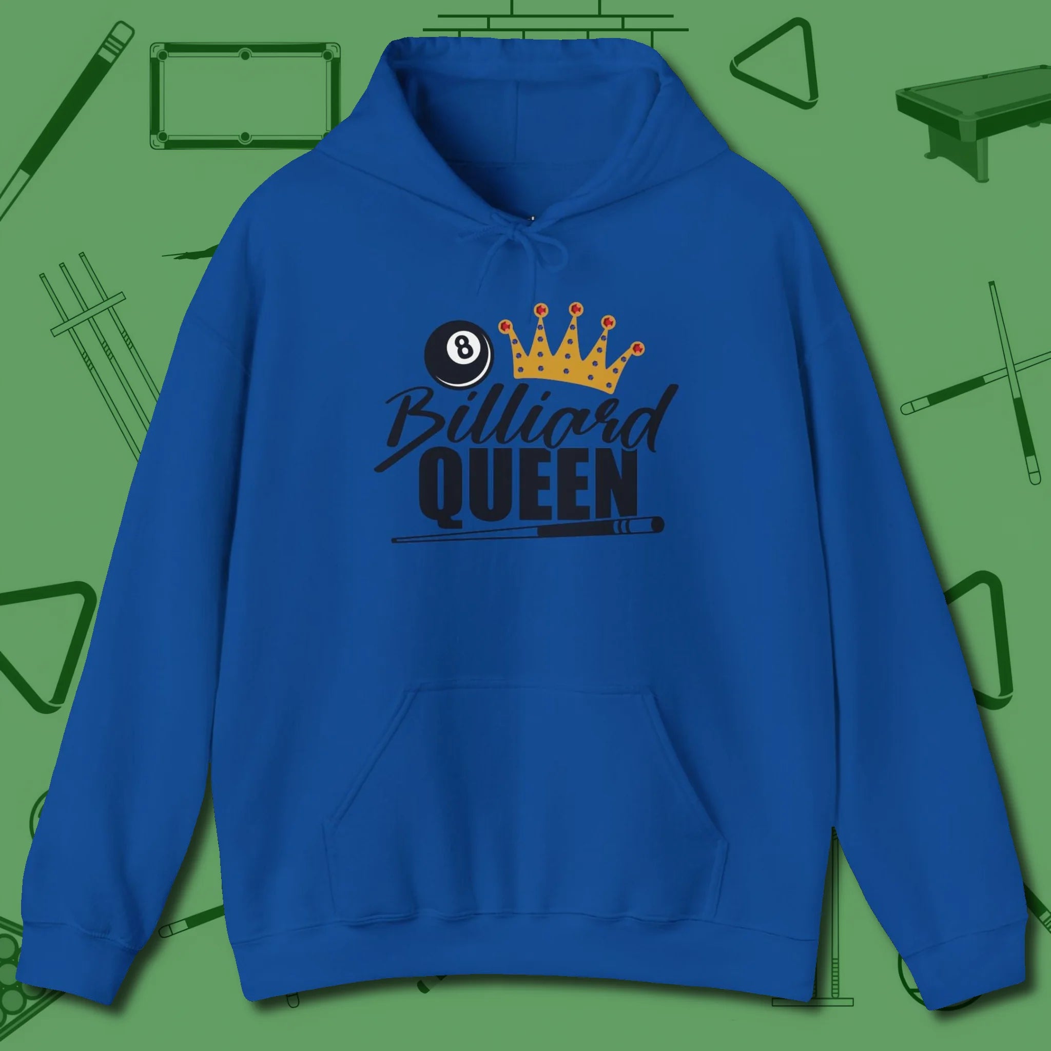 Billiard Queen Hoodie, front view, in Royal designed for dead stroke and deadpan looks