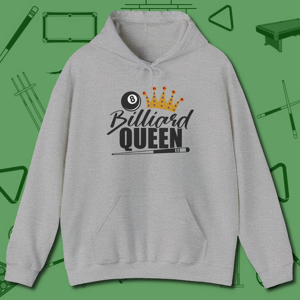 Billiard Queen Hoodie, front view, in Sport Grey cool enough for a corner pocket finish