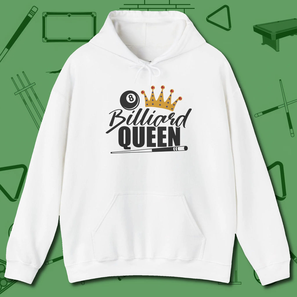 Billiard Queen Hoodie, front view, in White as serious as your stroke