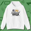 Billiard Queen Hoodie, front view, in White as serious as your stroke