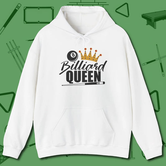 Billiard Queen Hoodie, front view, in White as serious as your stroke