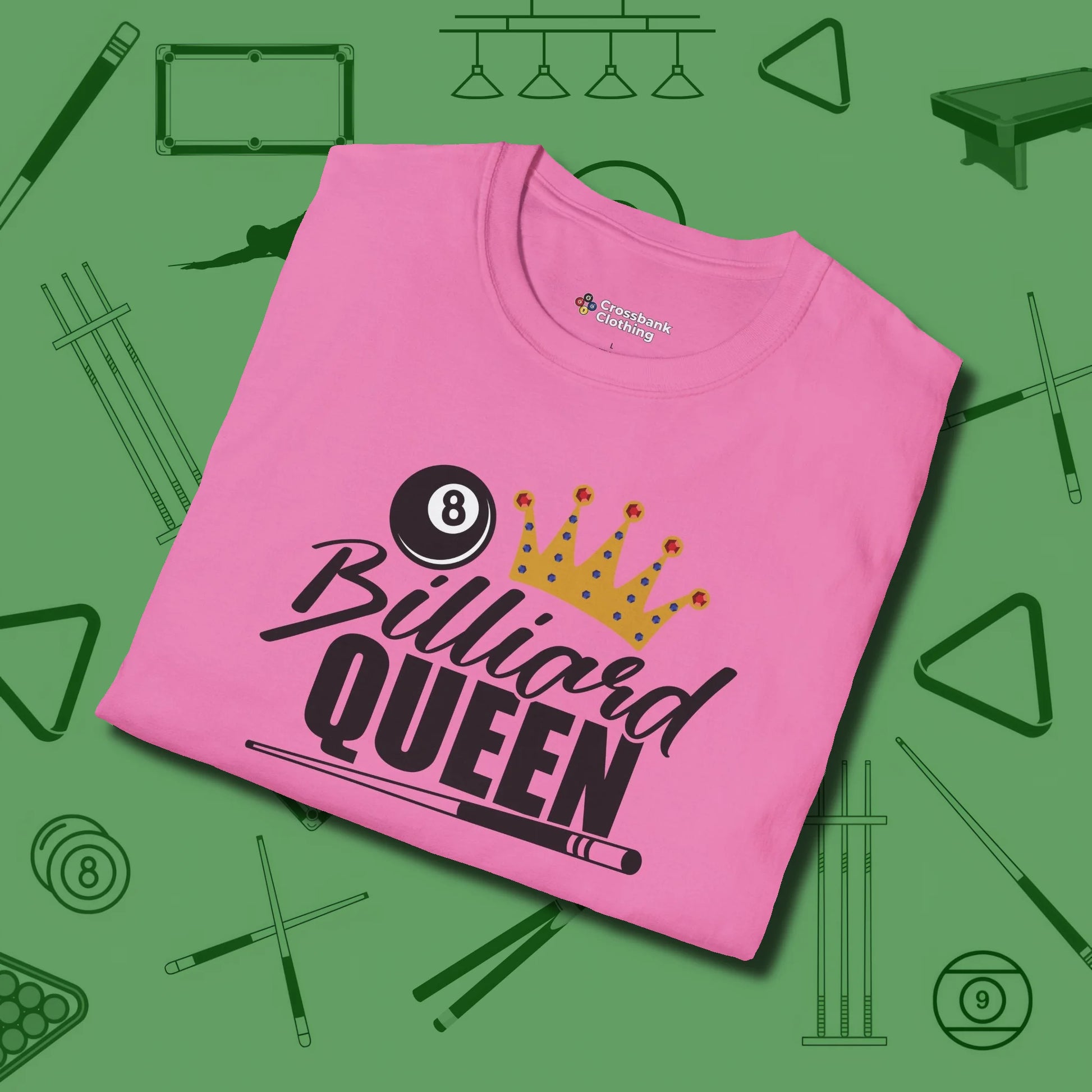 Billiard Queen T-Shirt, folded view, in Azalea designed for dead stroke and deadpan looks