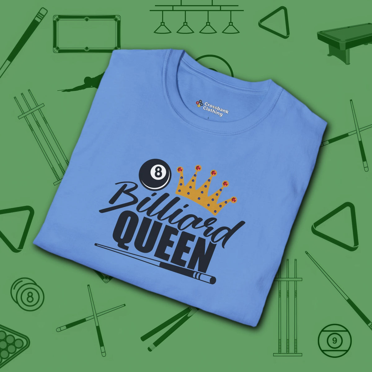 Billiard Queen T-Shirt, in Carolina Blue color, billiards shirt, folded view
