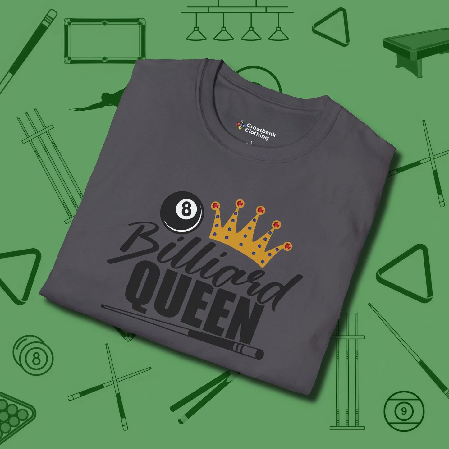Billiard Queen T-Shirt, folded view, in Charcoal not your average 8-ball graphic tee