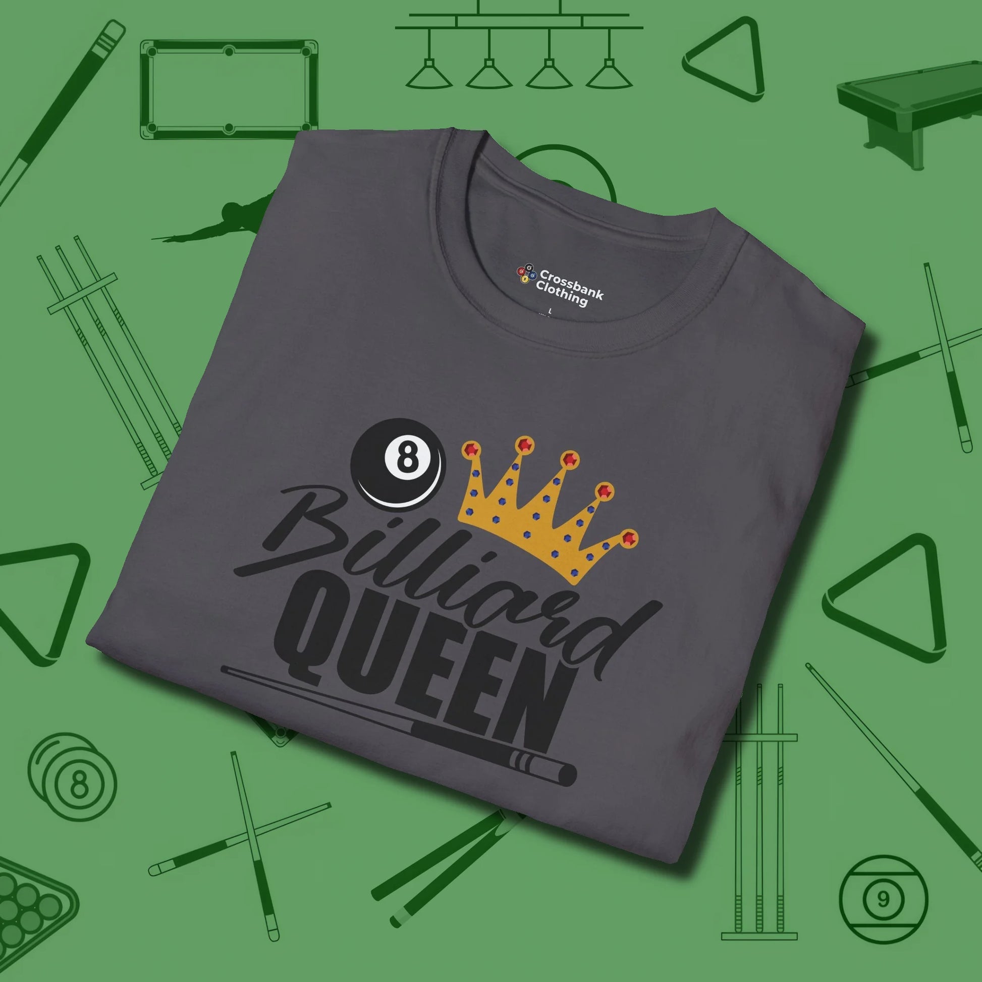 Billiard Queen T-Shirt, folded view, in Charcoal not your average 8-ball graphic tee